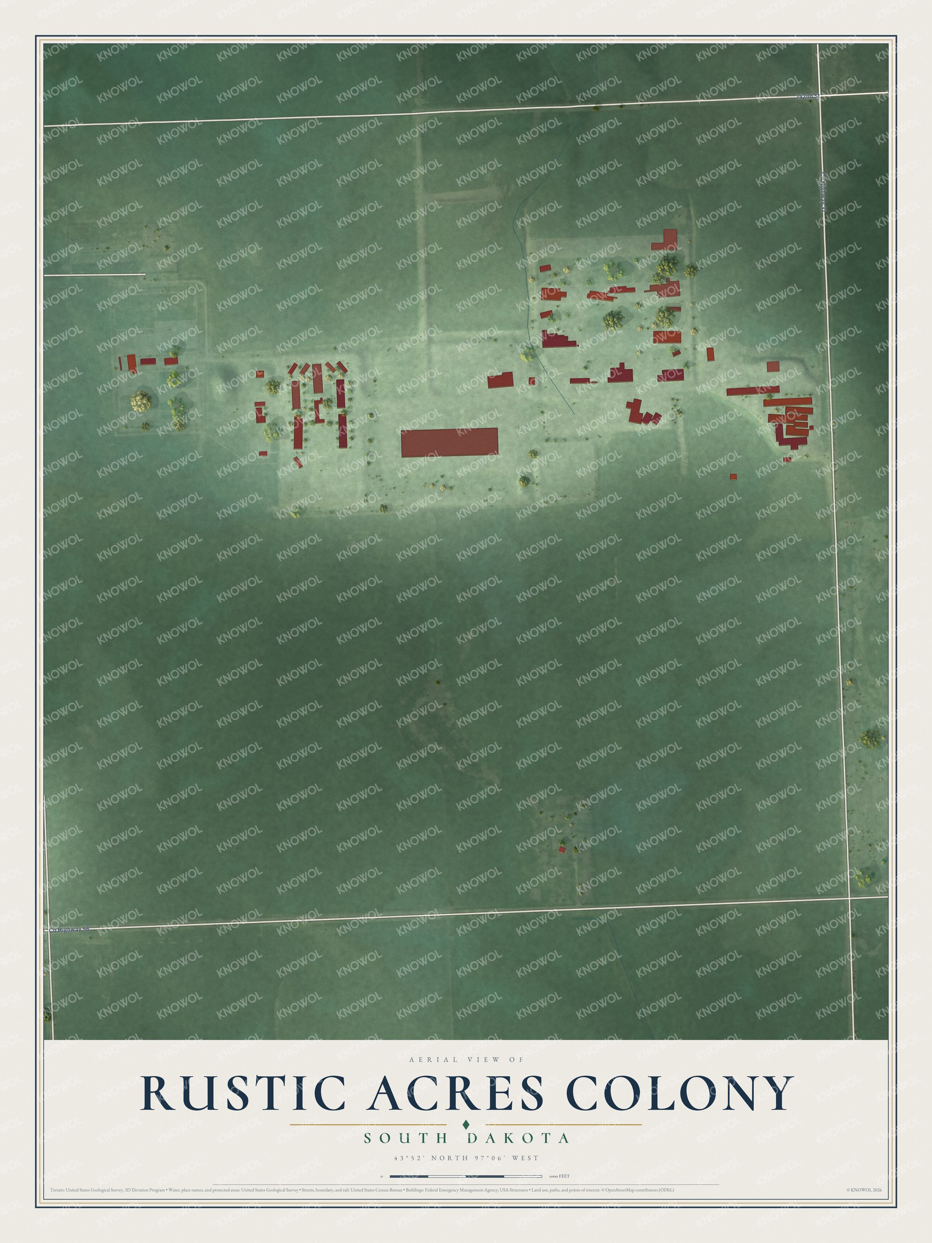 Full map of Rustic Acres Colony, South Dakota, with red buildings, printed street names and the land around them