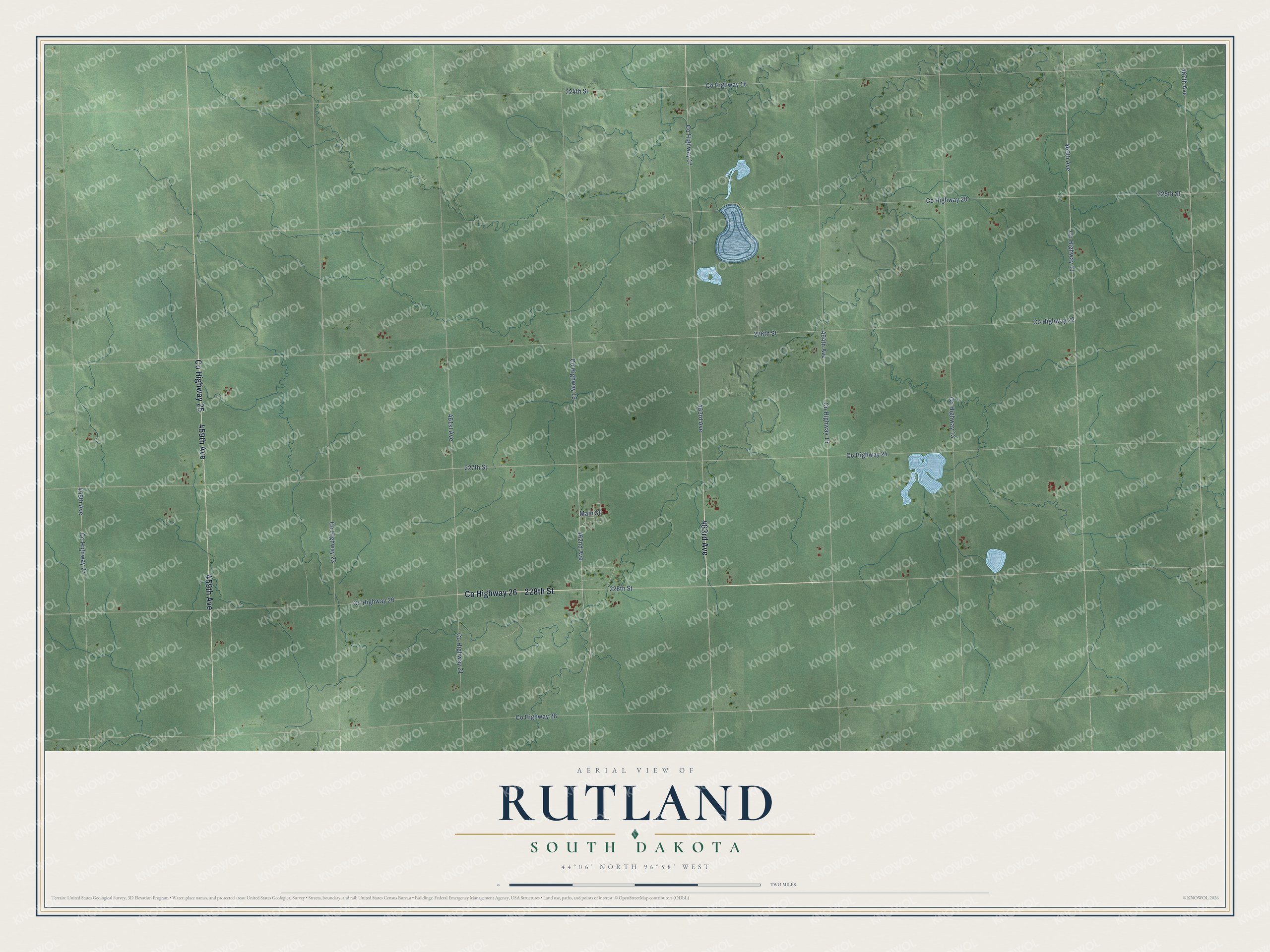 Full map of Rutland, South Dakota, with red buildings, printed street names and the land around them