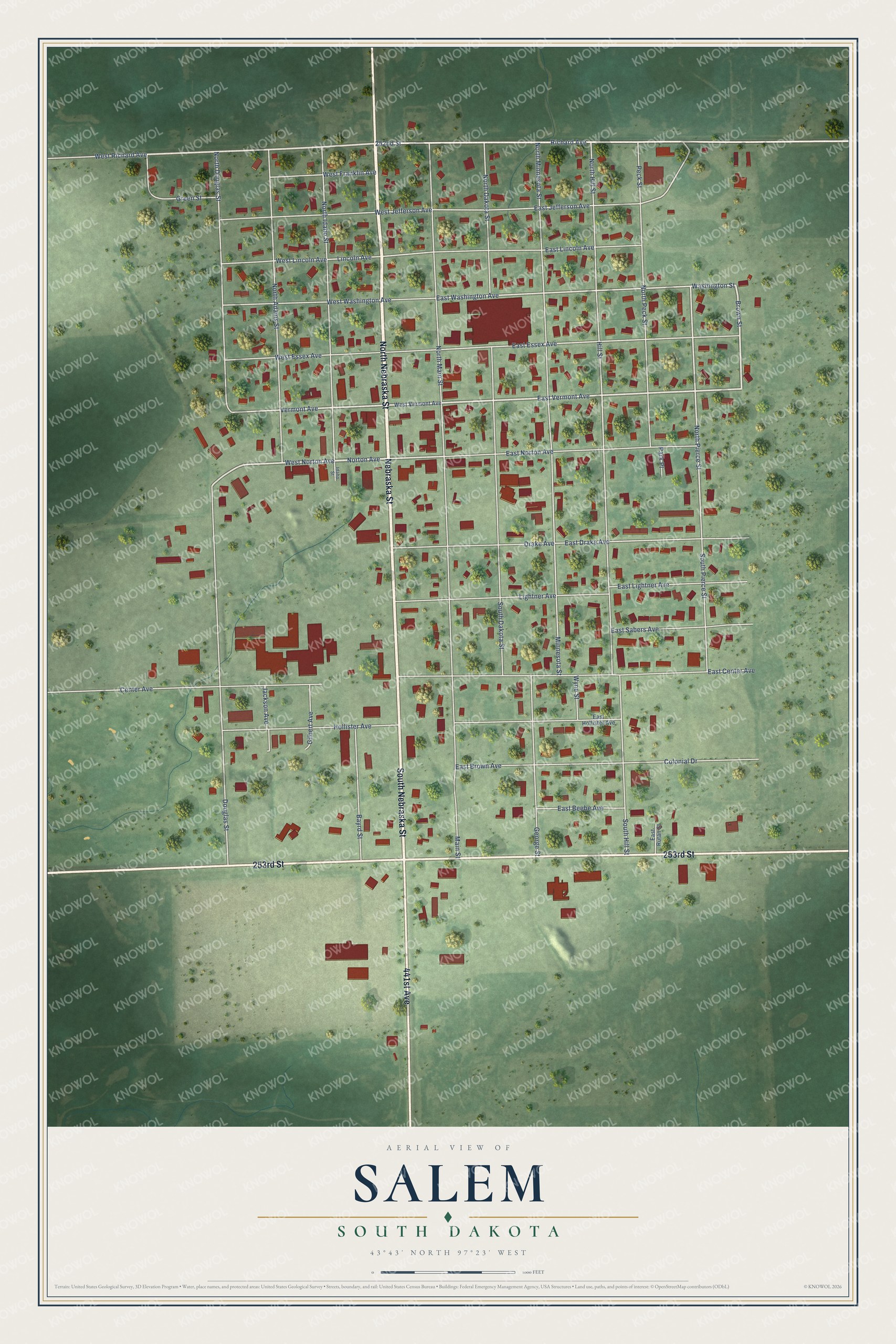 Full map of Salem, South Dakota, with red buildings, printed street names and the land around them