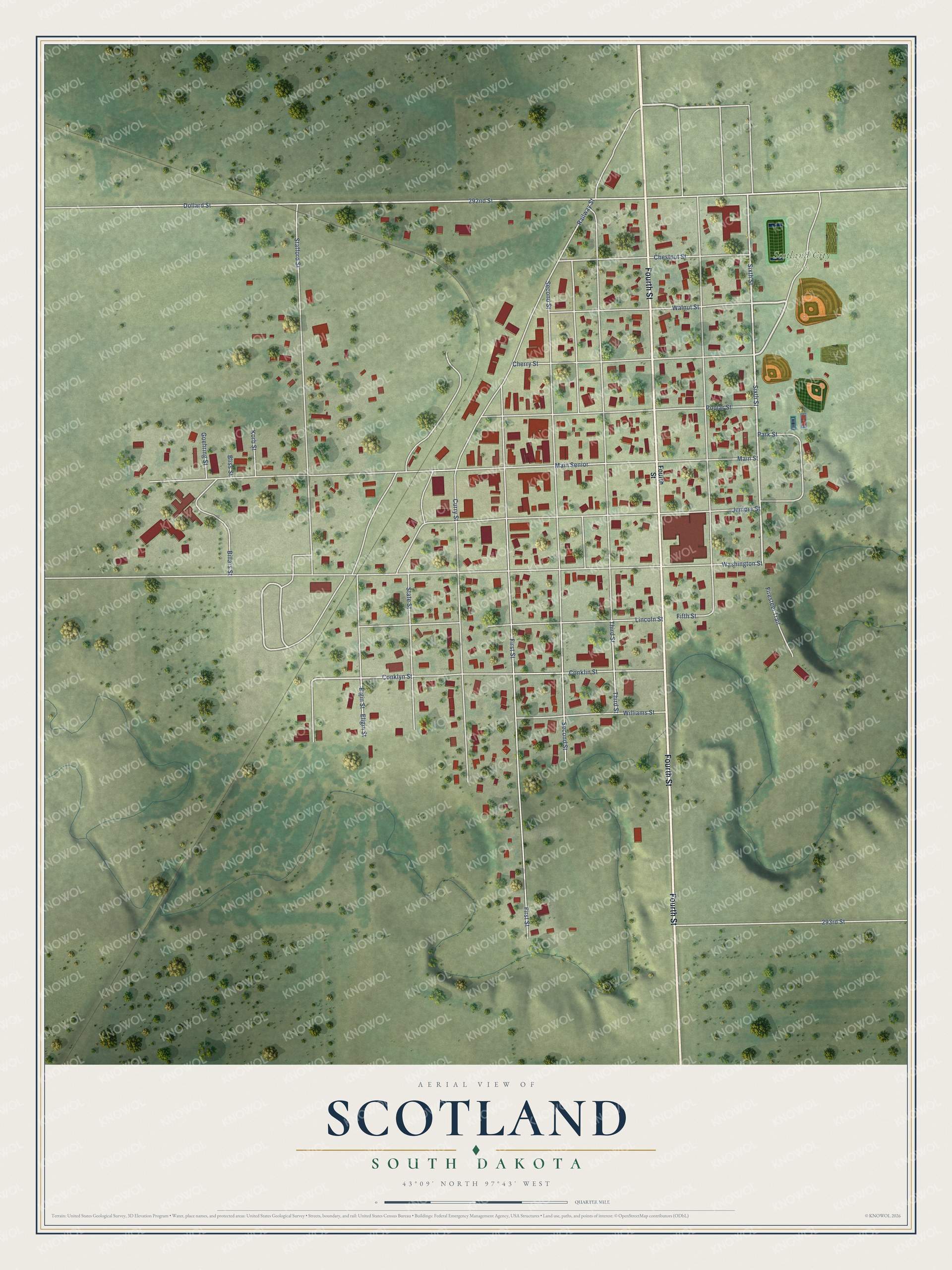 Full map of Scotland, South Dakota, with red buildings, printed street names and the land around them