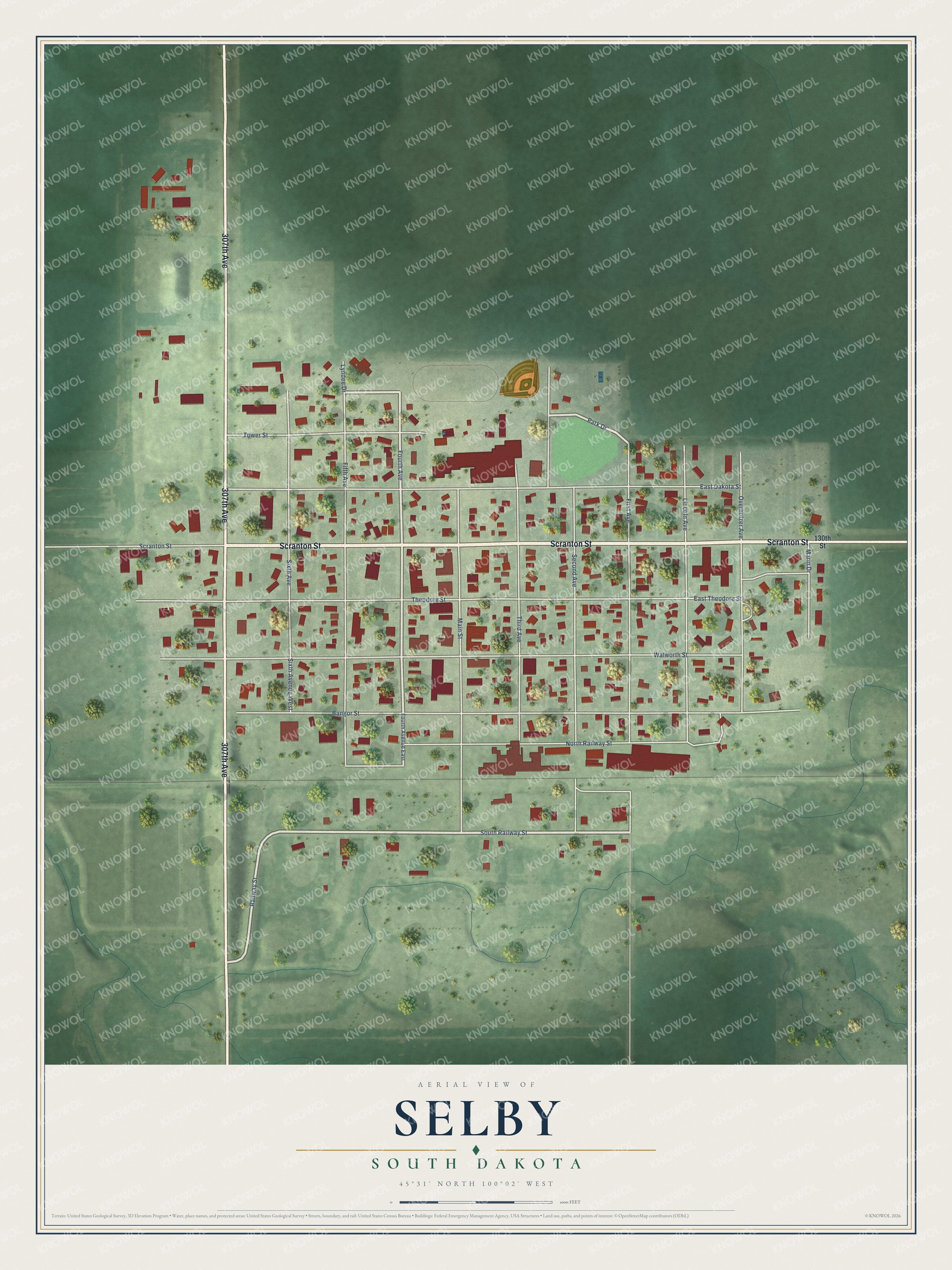 Full map of Selby, South Dakota, with red buildings, printed street names and the land around them