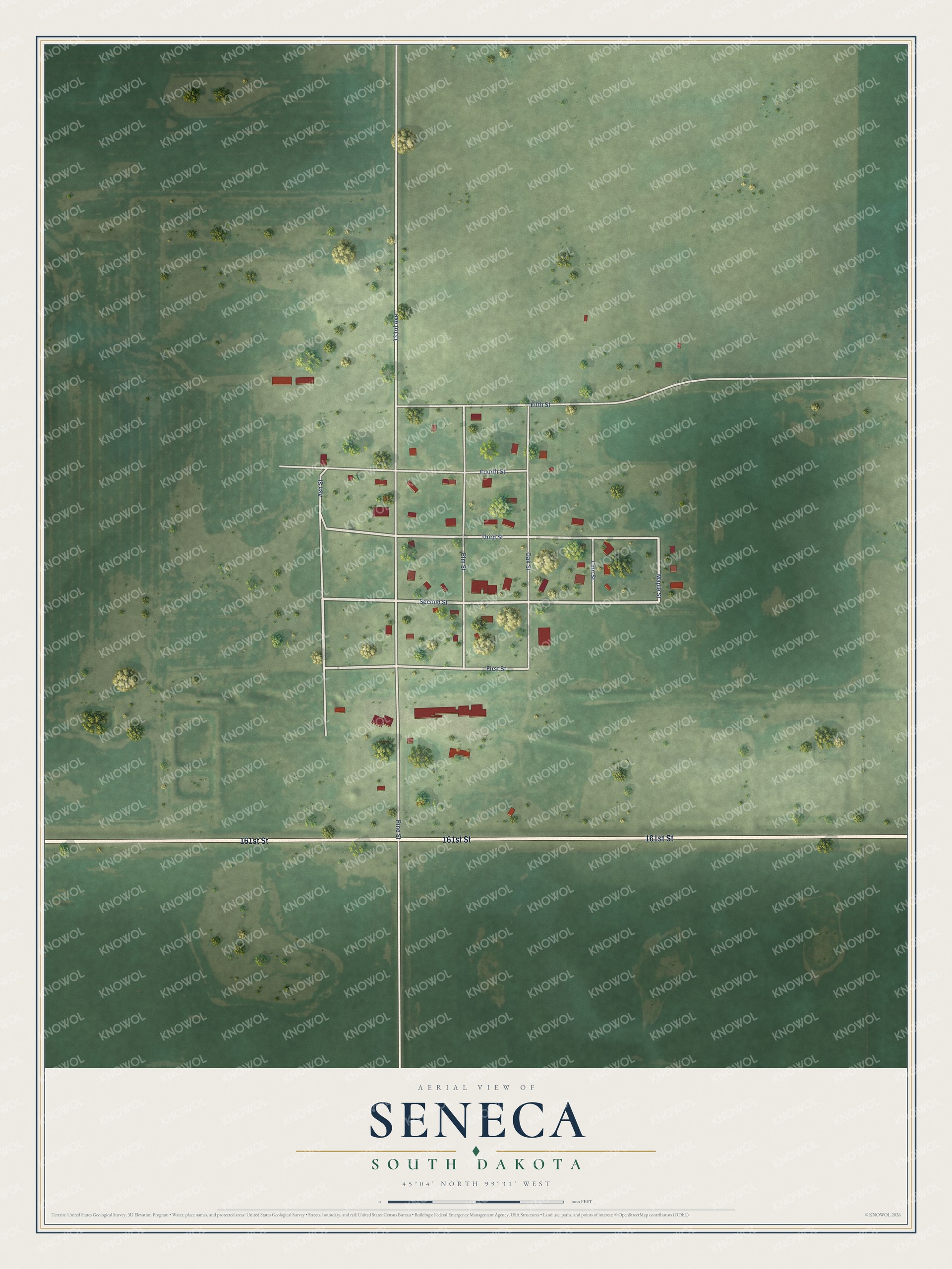 Full map of Seneca, South Dakota, with red buildings, printed street names and the land around them