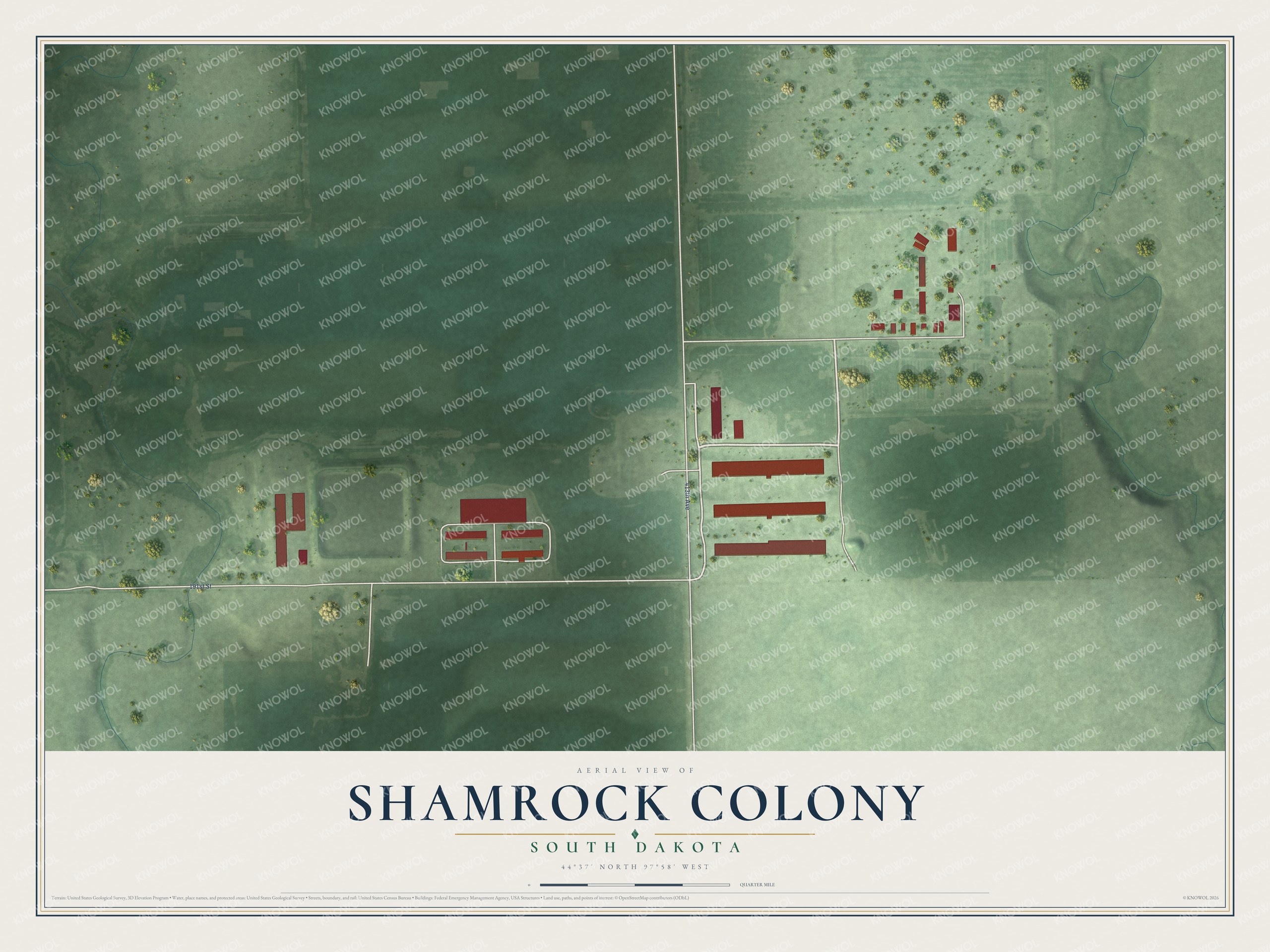 Full map of Shamrock Colony, South Dakota, with red buildings, printed street names and the land around them