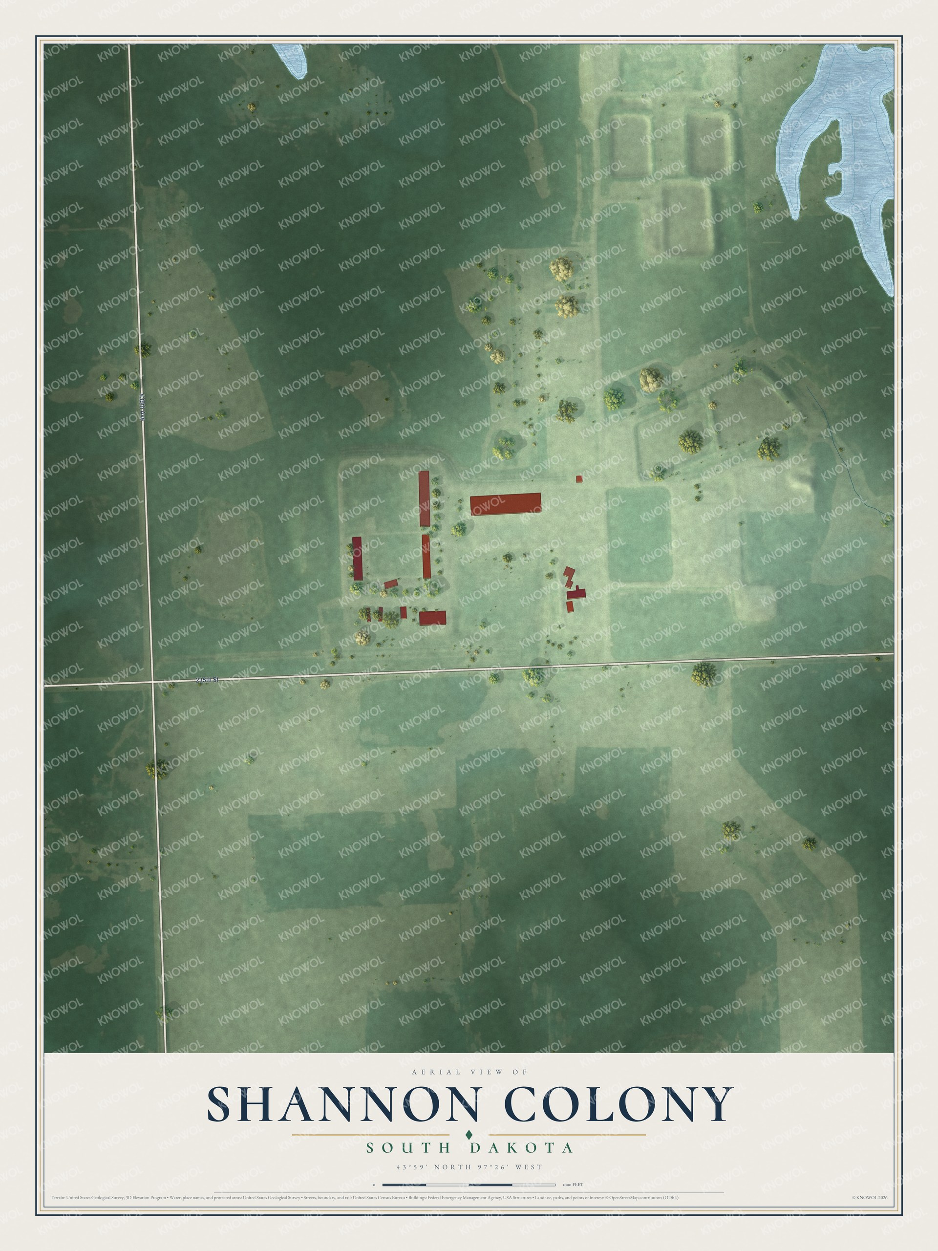 Full map of Shannon Colony, South Dakota, with red buildings, printed street names and the land around them