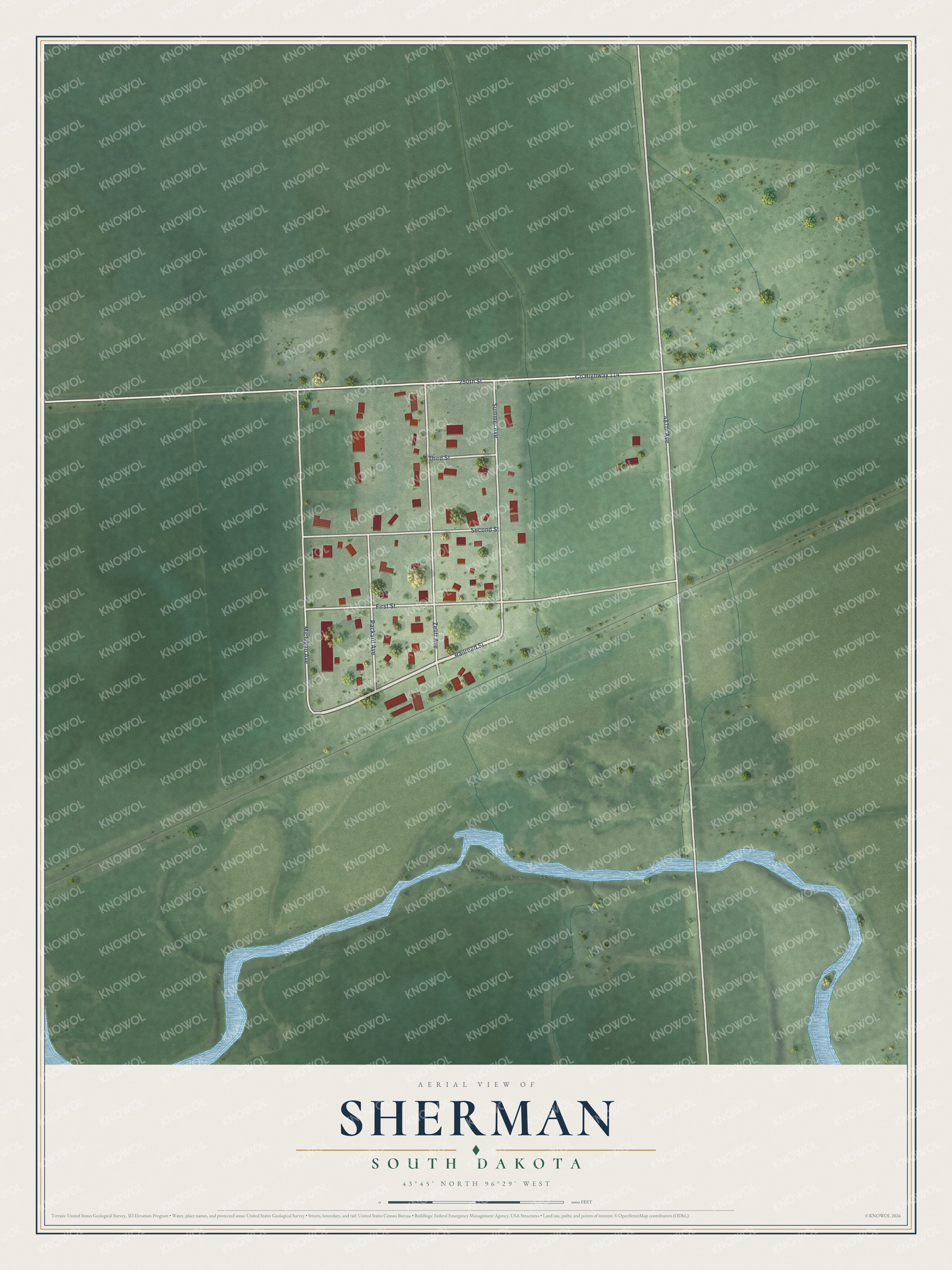 Full map of Sherman, South Dakota, with red buildings, printed street names and the land around them