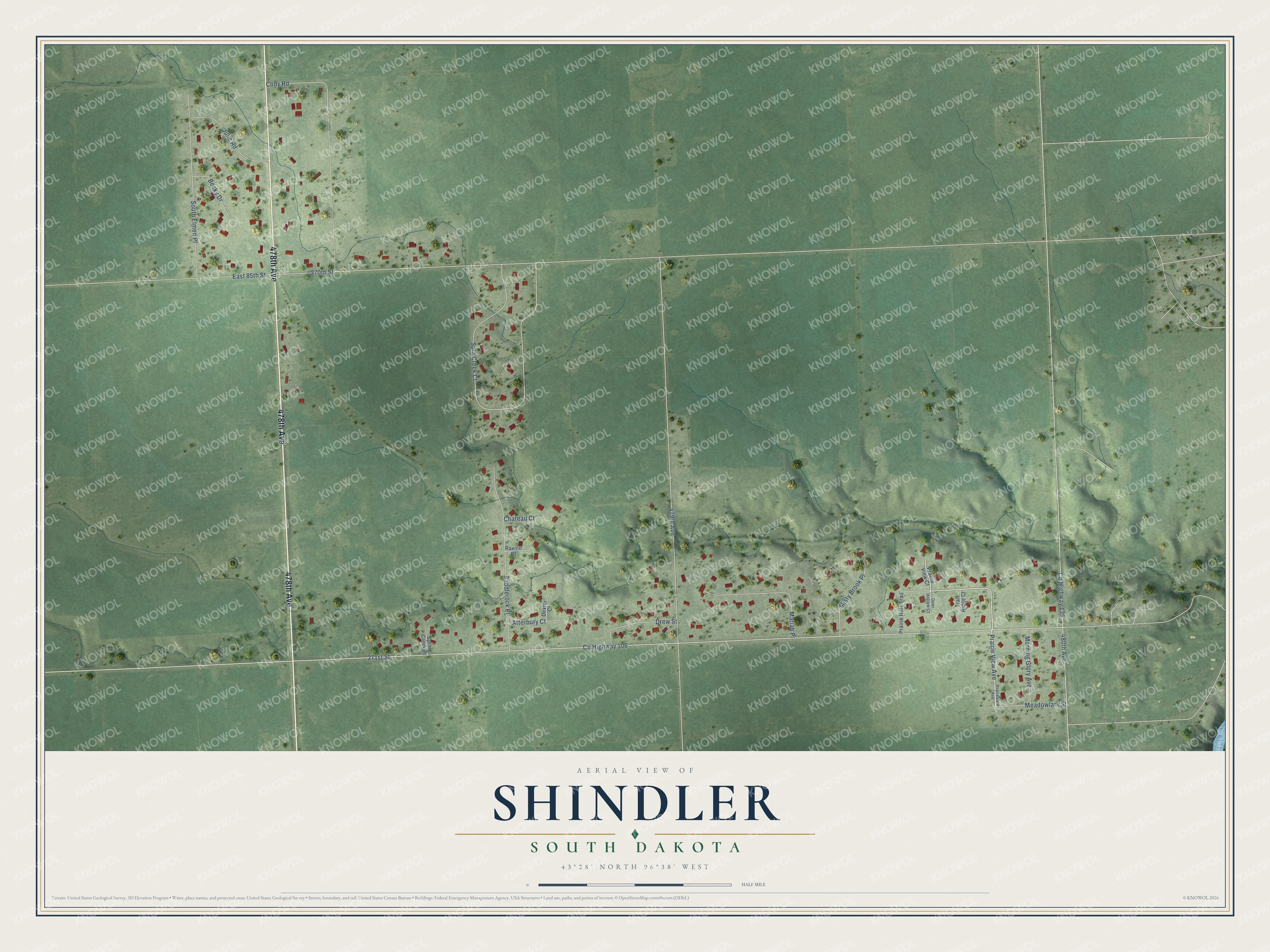 Full map of Shindler, South Dakota, with red buildings, printed street names and the land around them