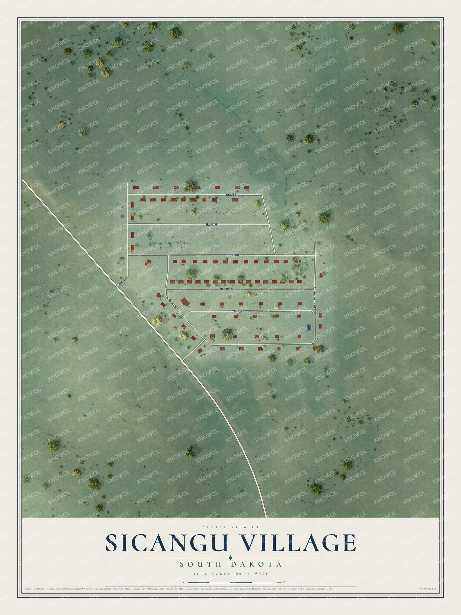 Full map of Sicangu Village, South Dakota, with red buildings, printed street names and the land around them