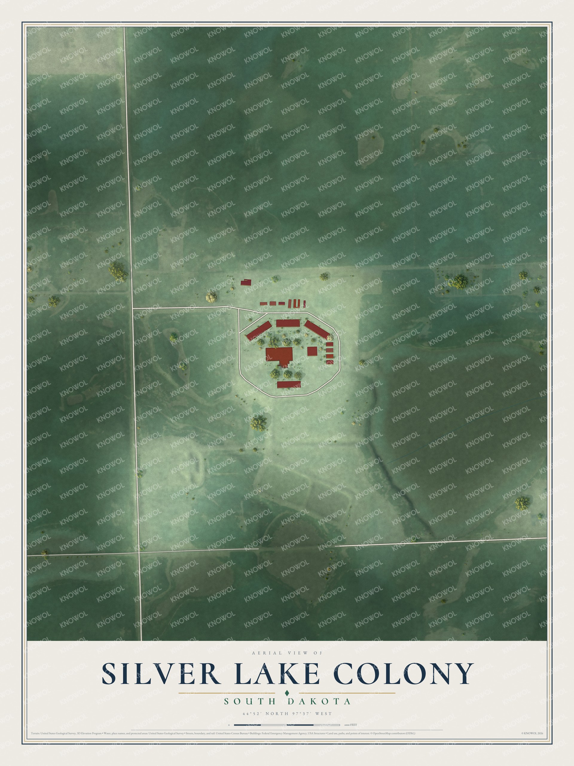 Full map of Silver Lake Colony, South Dakota, with red buildings, printed street names and the land around them