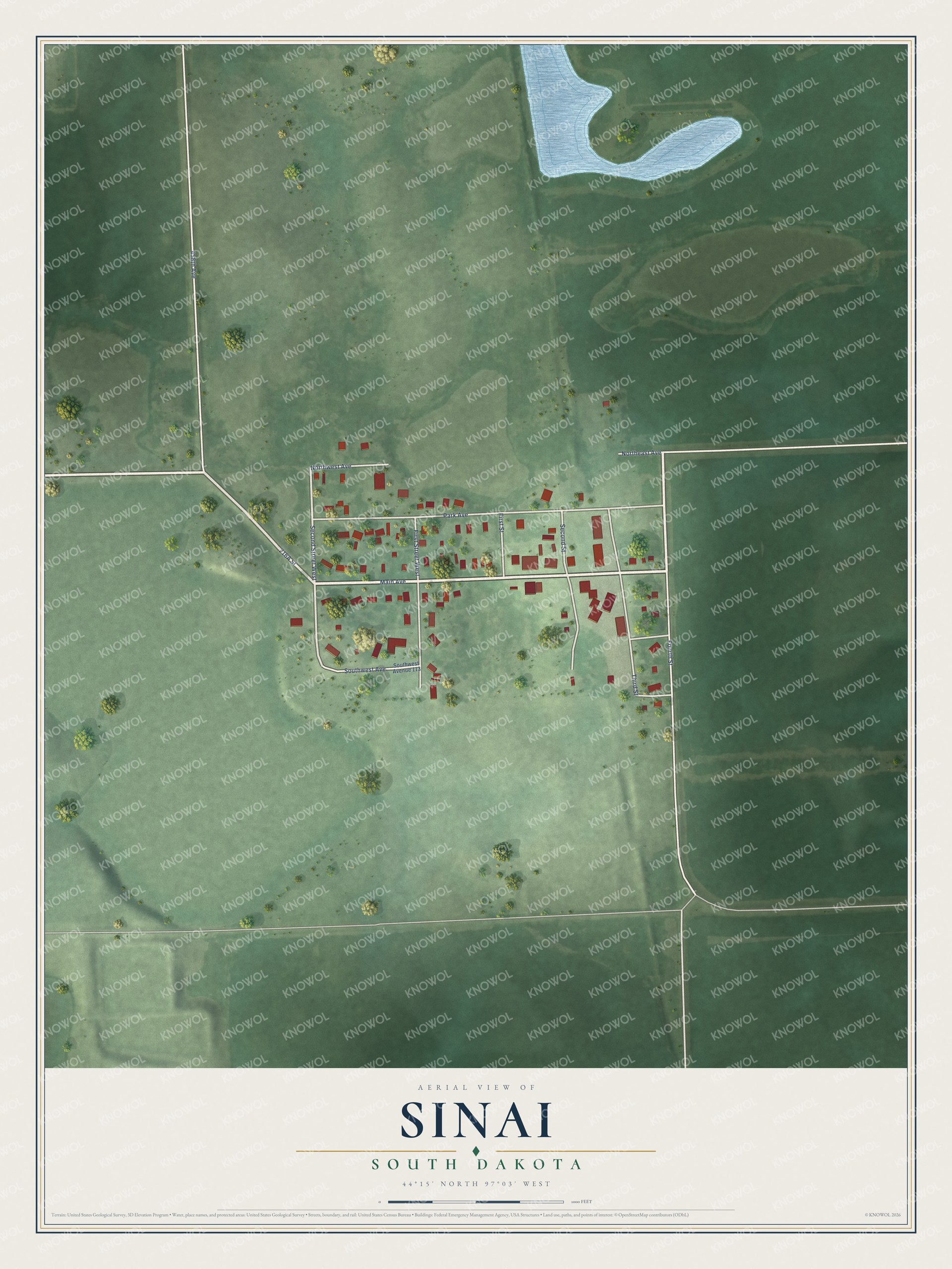 Full map of Sinai, South Dakota, with red buildings, printed street names and the land around them