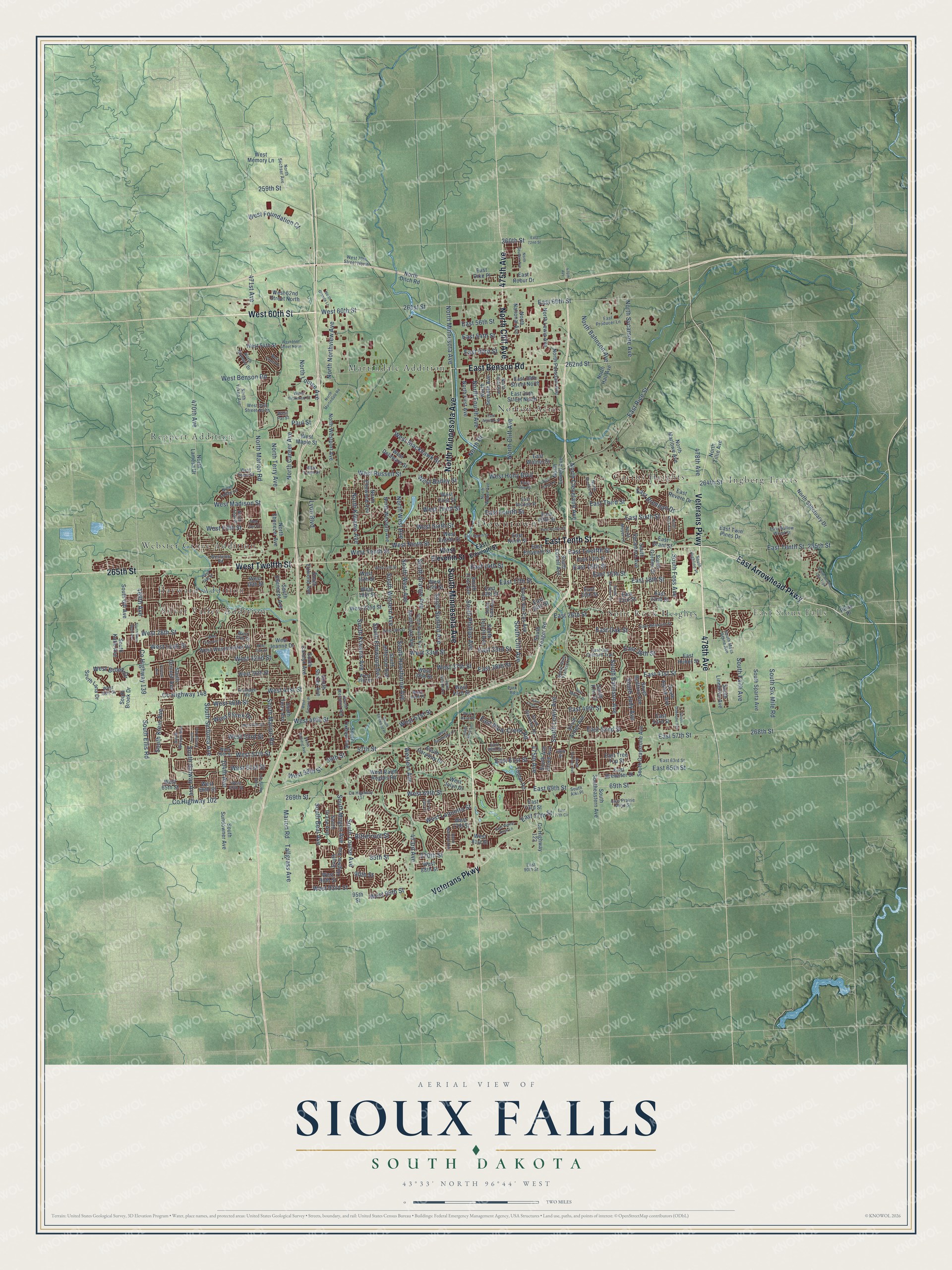 Full map of Sioux Falls, South Dakota, with red buildings, printed street names and the land around them