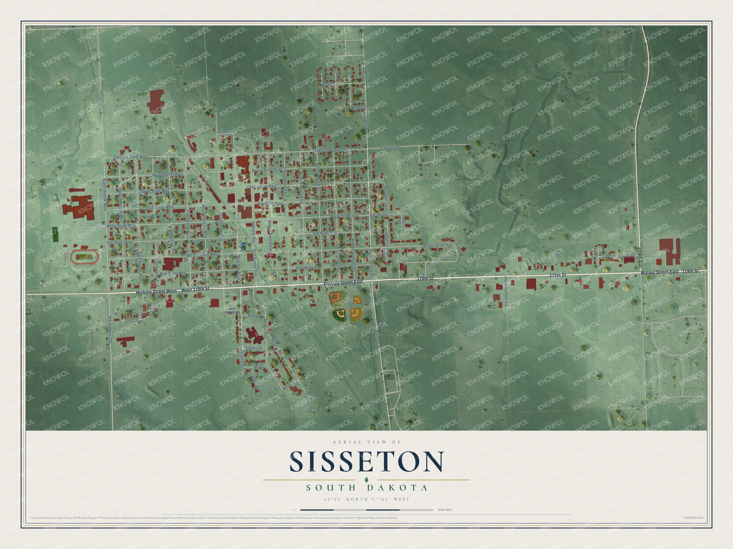 Full map of Sisseton, South Dakota, with red buildings, printed street names and the land around them