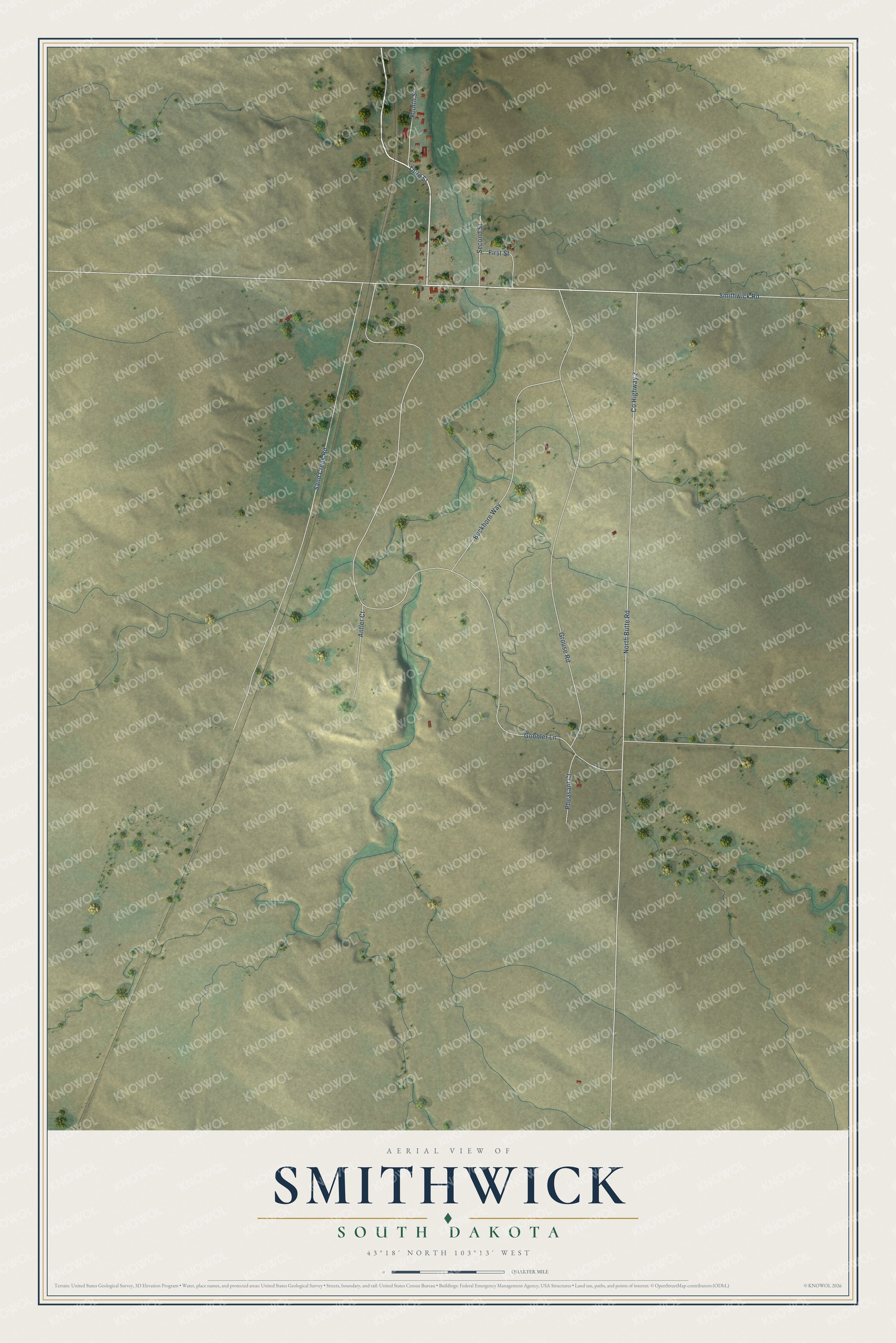 Full map of Smithwick, South Dakota, with red buildings, printed street names and the land around them