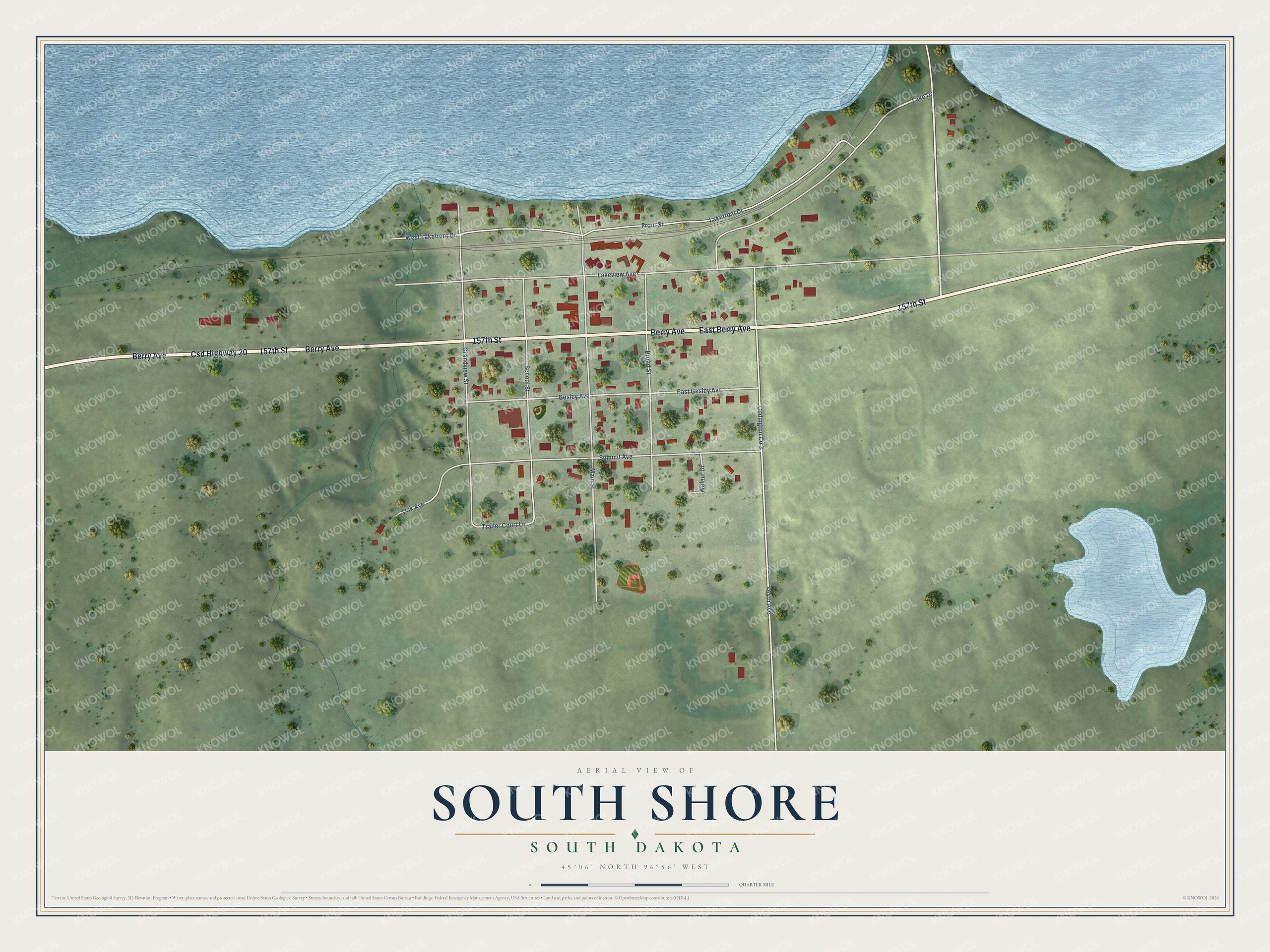 Full map of South Shore, South Dakota, with red buildings, printed street names and the land around them