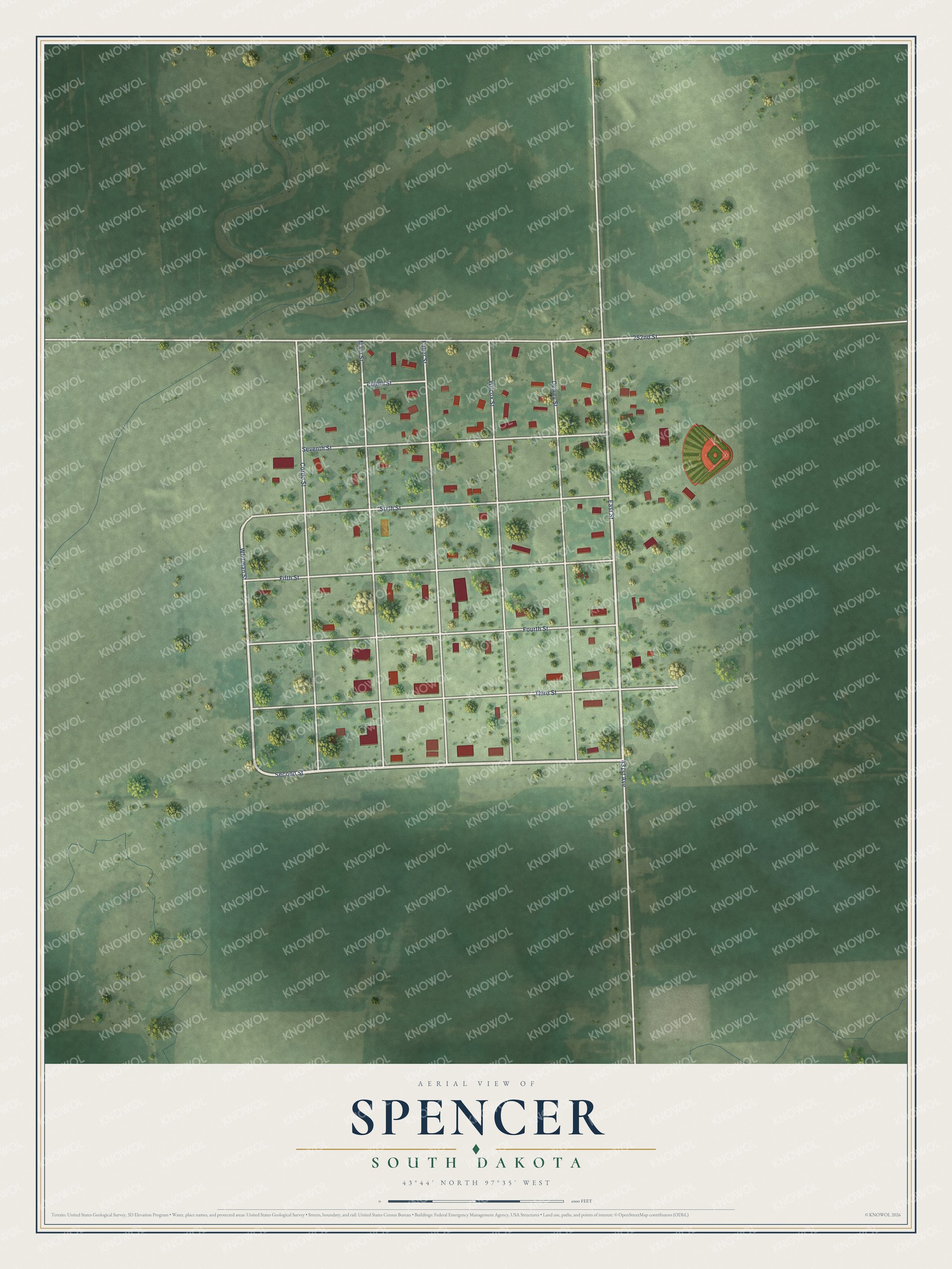 Full map of Spencer, South Dakota, with red buildings, printed street names and the land around them