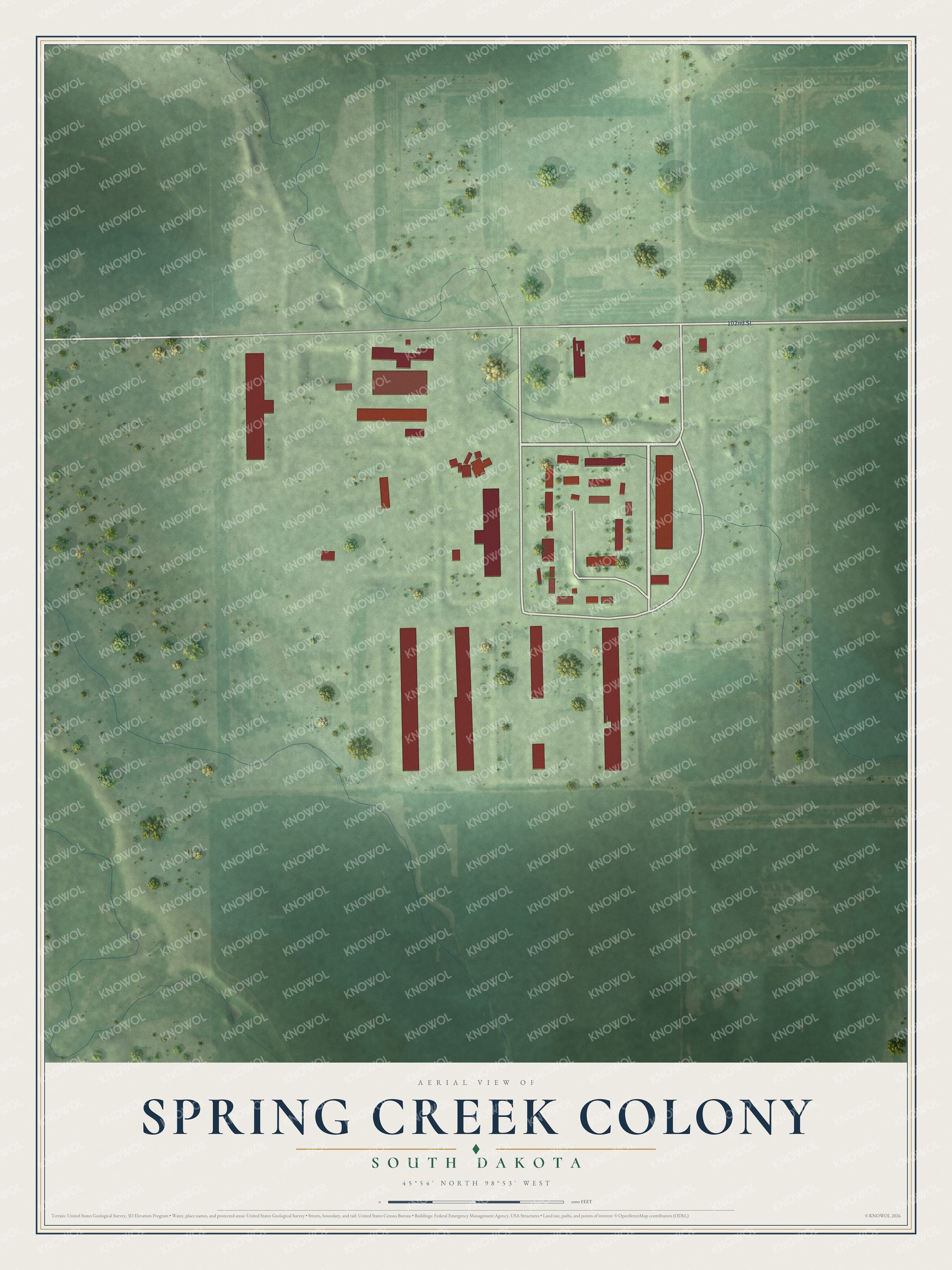 Full map of Spring Creek Colony, South Dakota, with red buildings, printed street names and the land around them