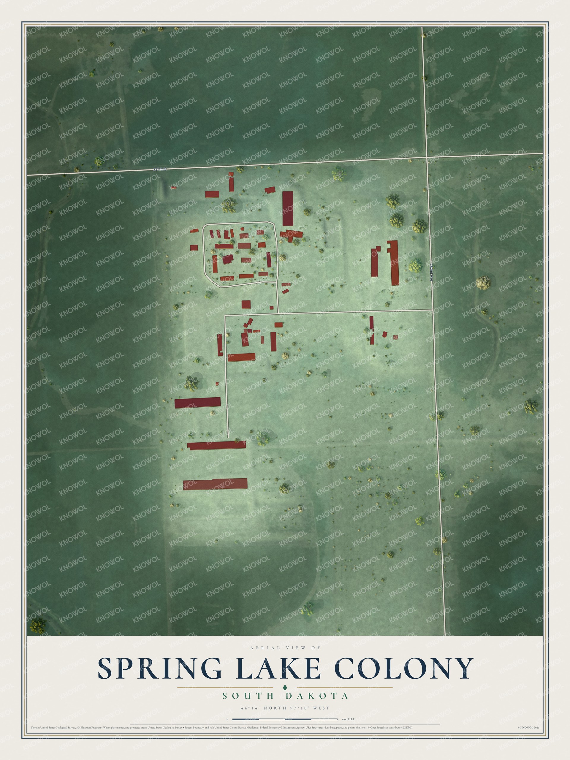Full map of Spring Lake Colony, South Dakota, with red buildings, printed street names and the land around them
