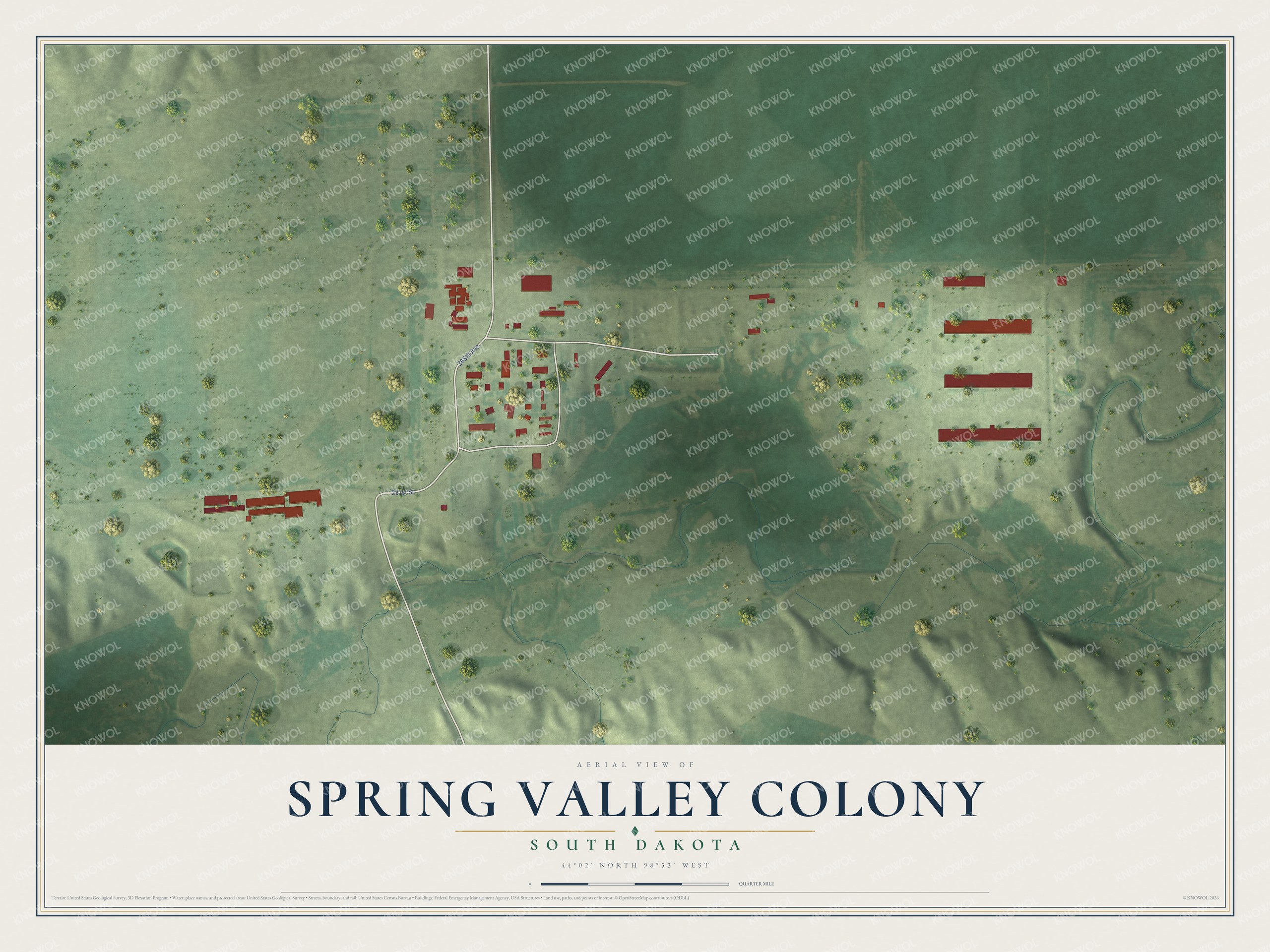 Full map of Spring Valley Colony, South Dakota, with red buildings, printed street names and the land around them