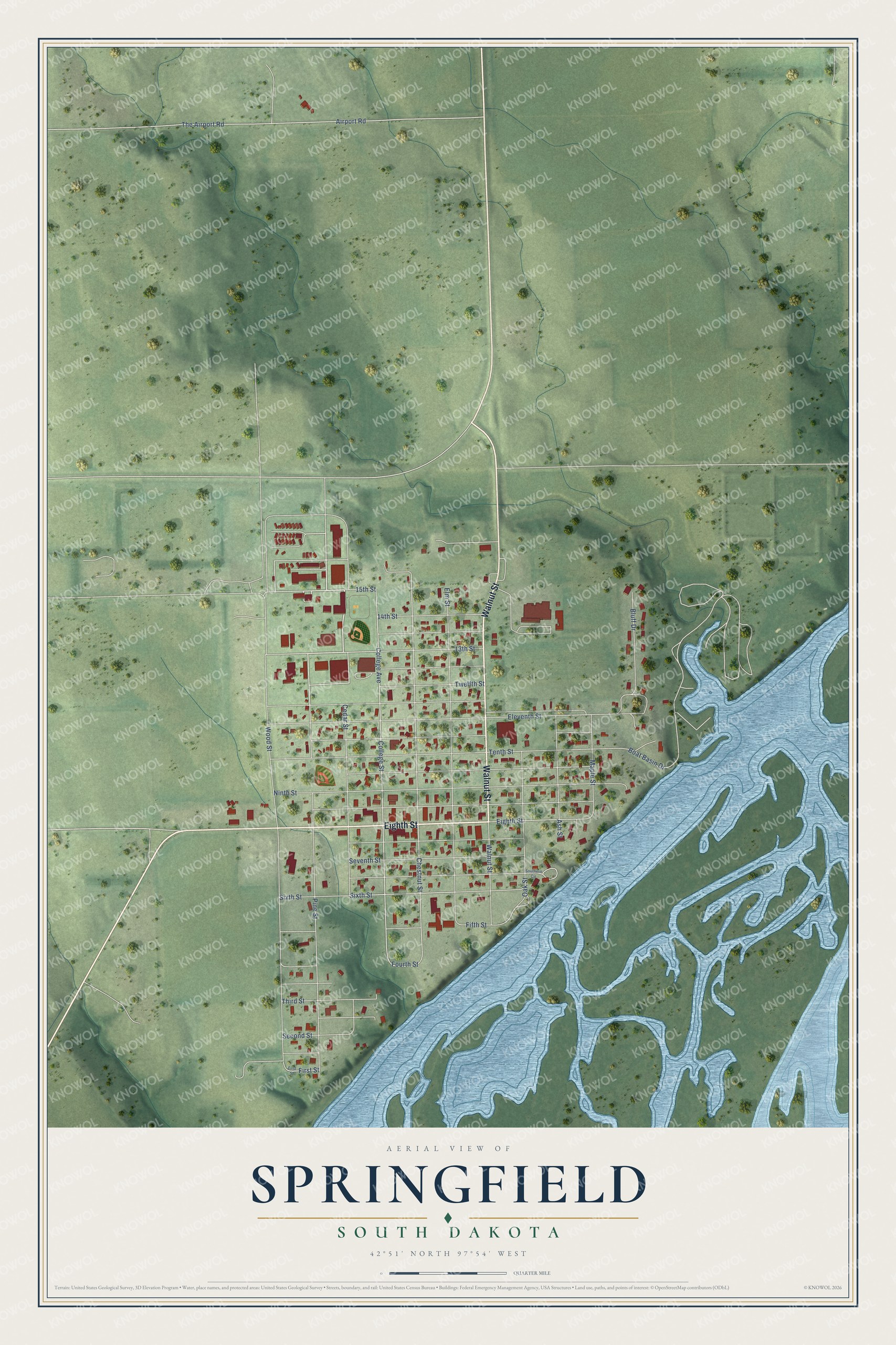 Full map of Springfield, South Dakota, with red buildings, printed street names and the land around them