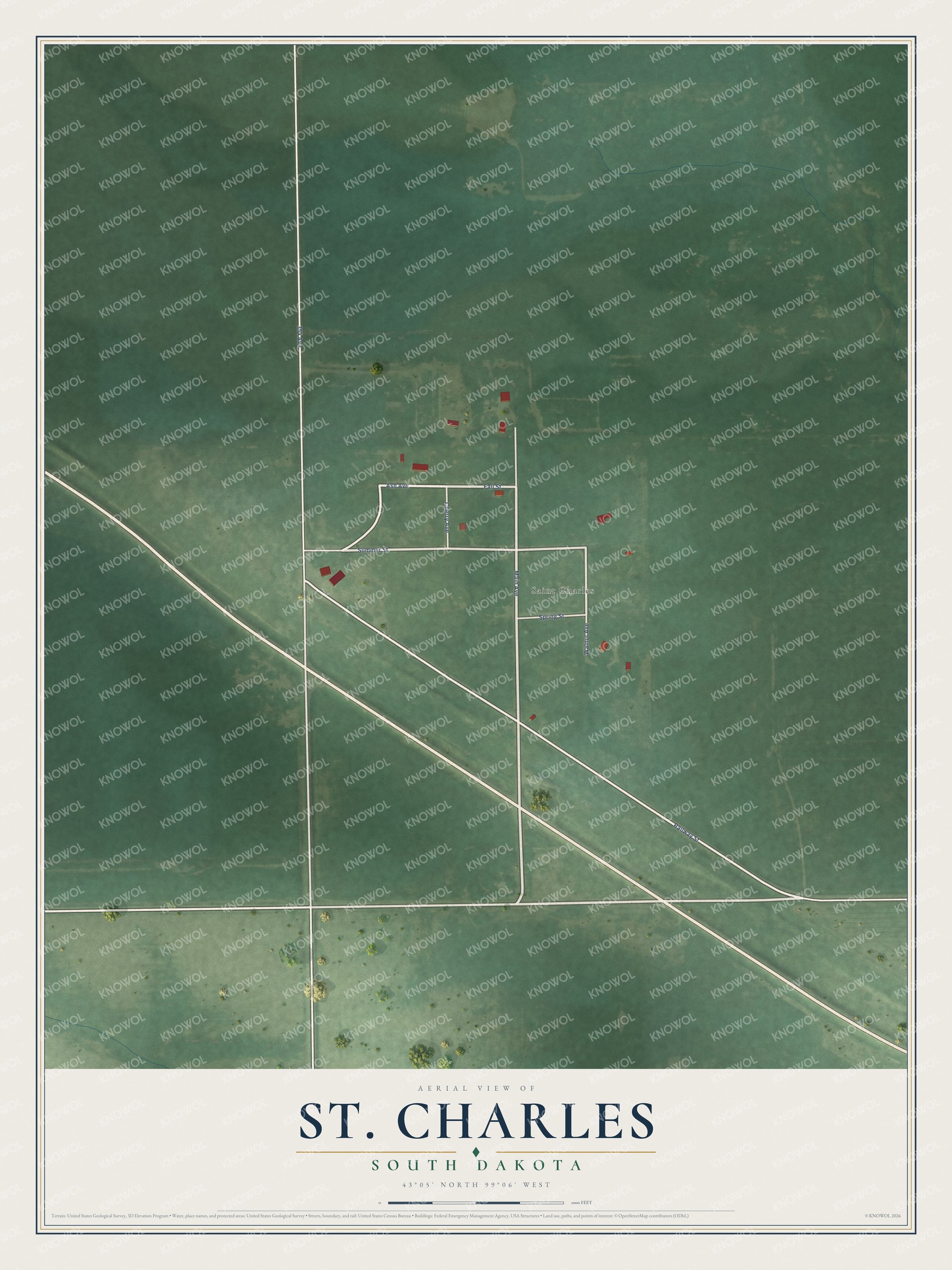 Full map of St. Charles, South Dakota, with red buildings, printed street names and the land around them