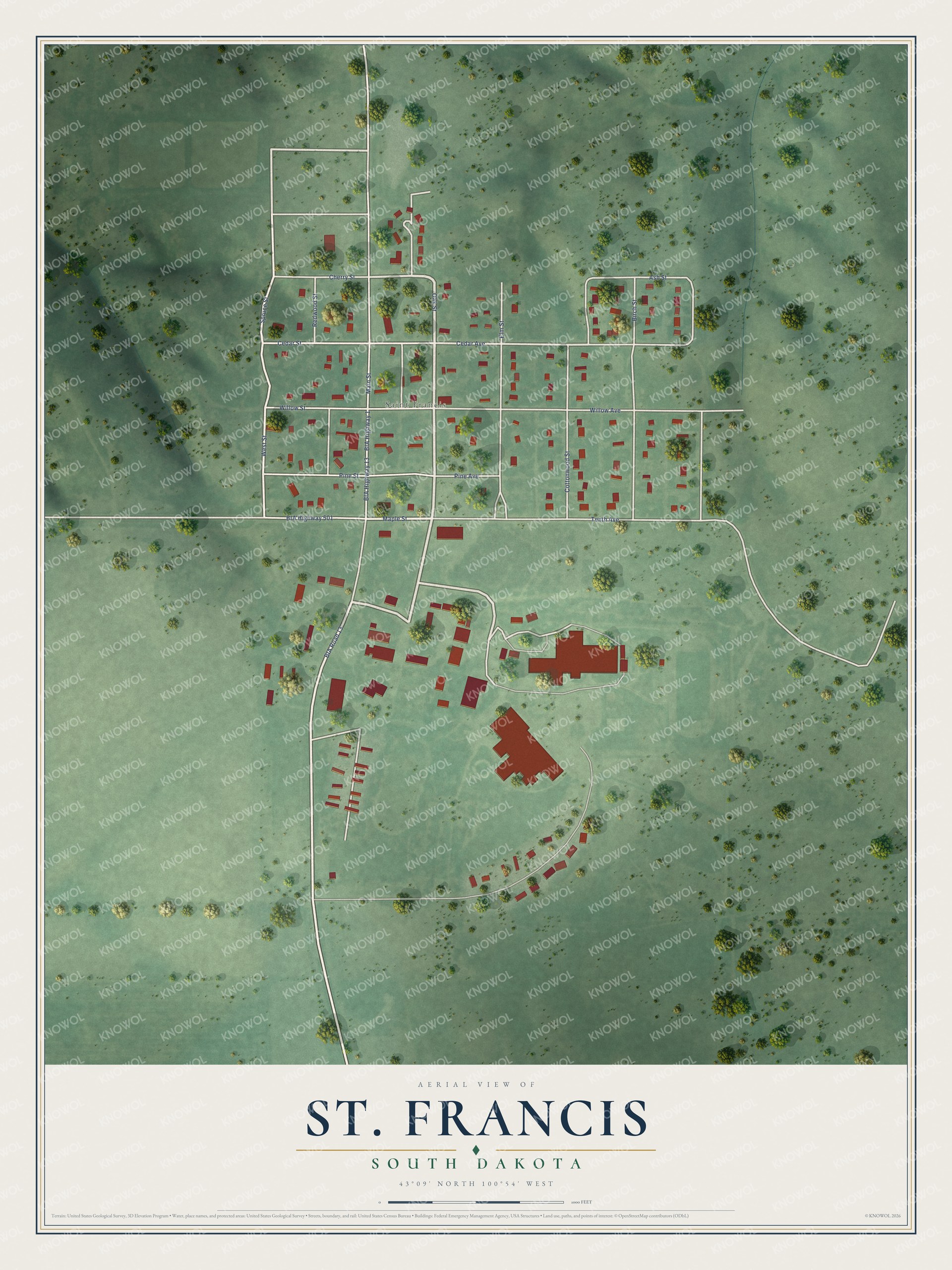 Full map of St. Francis, South Dakota, with red buildings, printed street names and the land around them