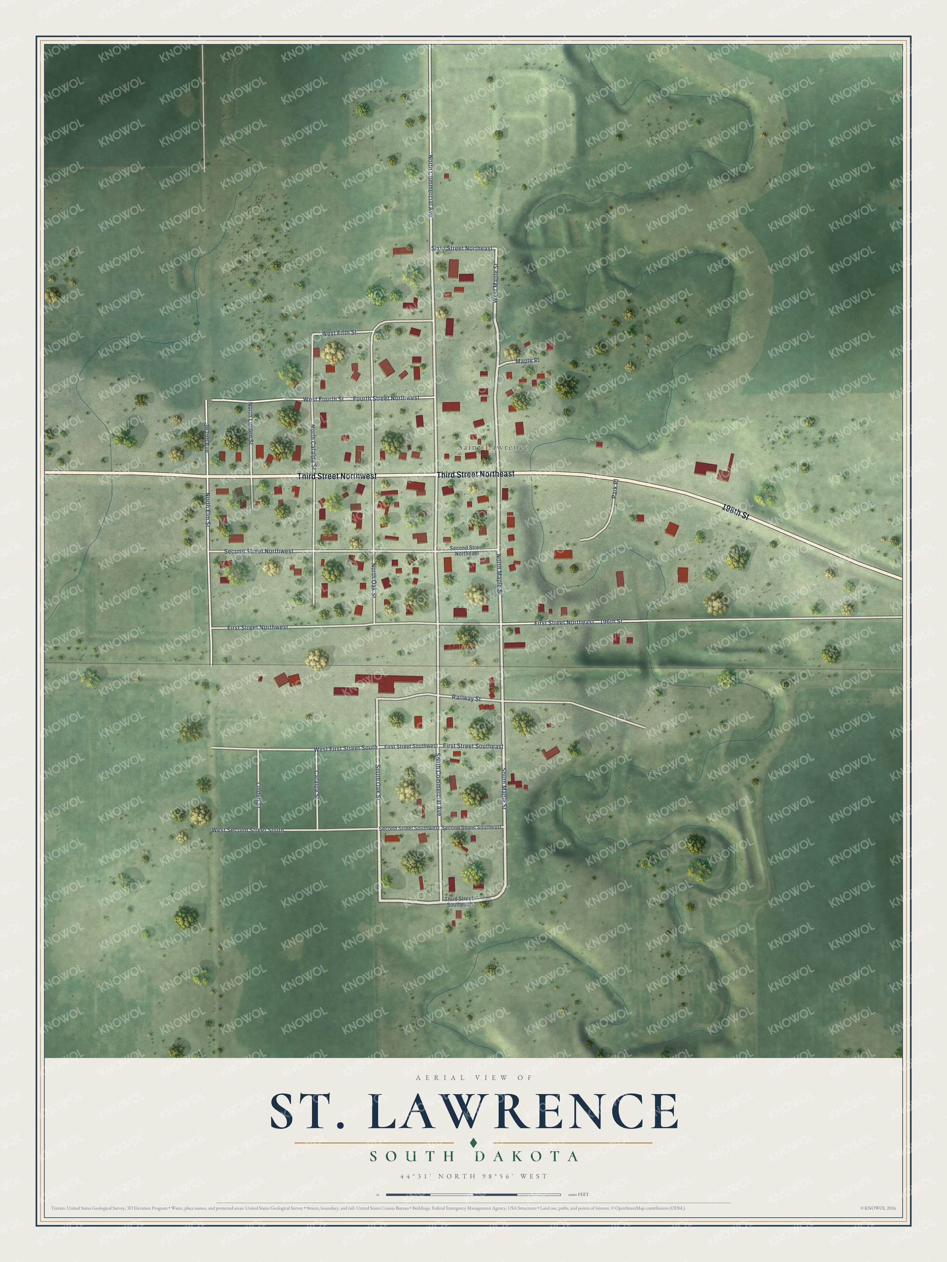 Full map of St. Lawrence, South Dakota, with red buildings, printed street names and the land around them