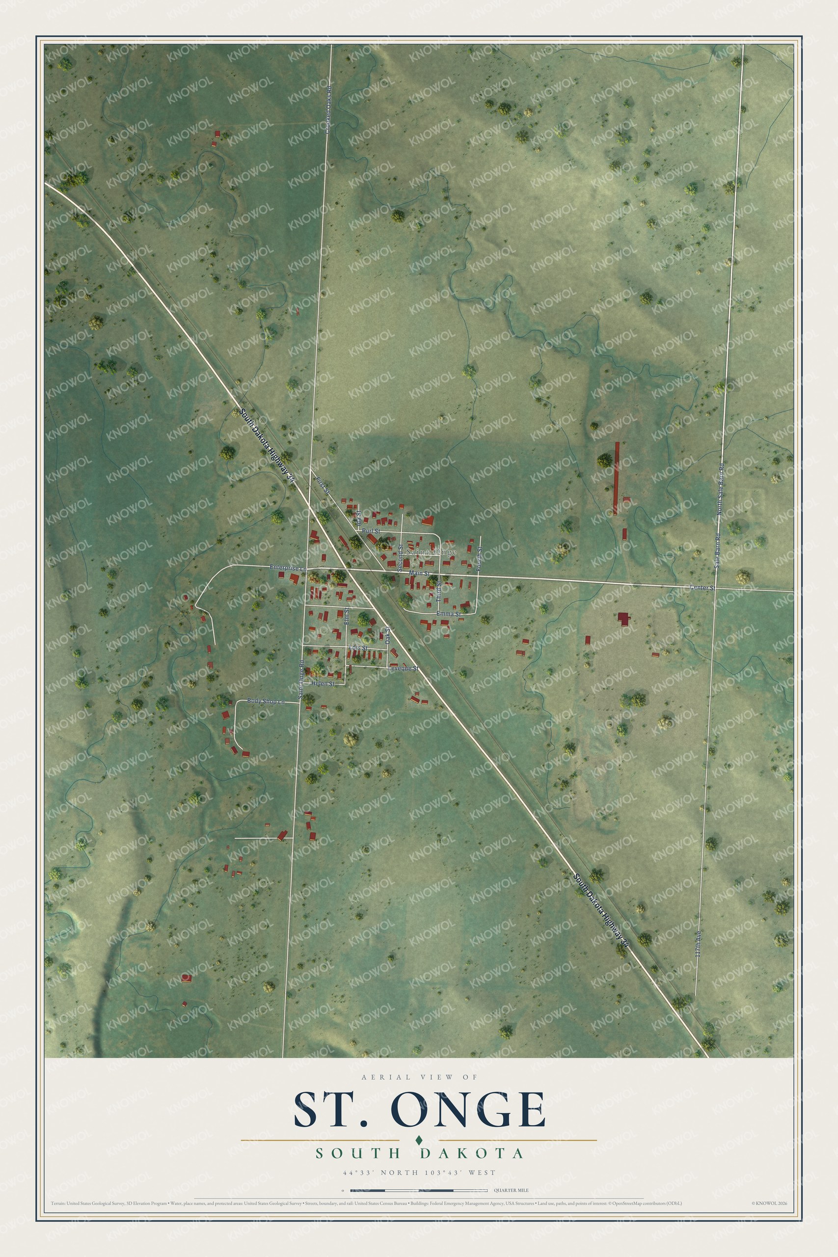 Full map of St. Onge, South Dakota, with red buildings, printed street names and the land around them