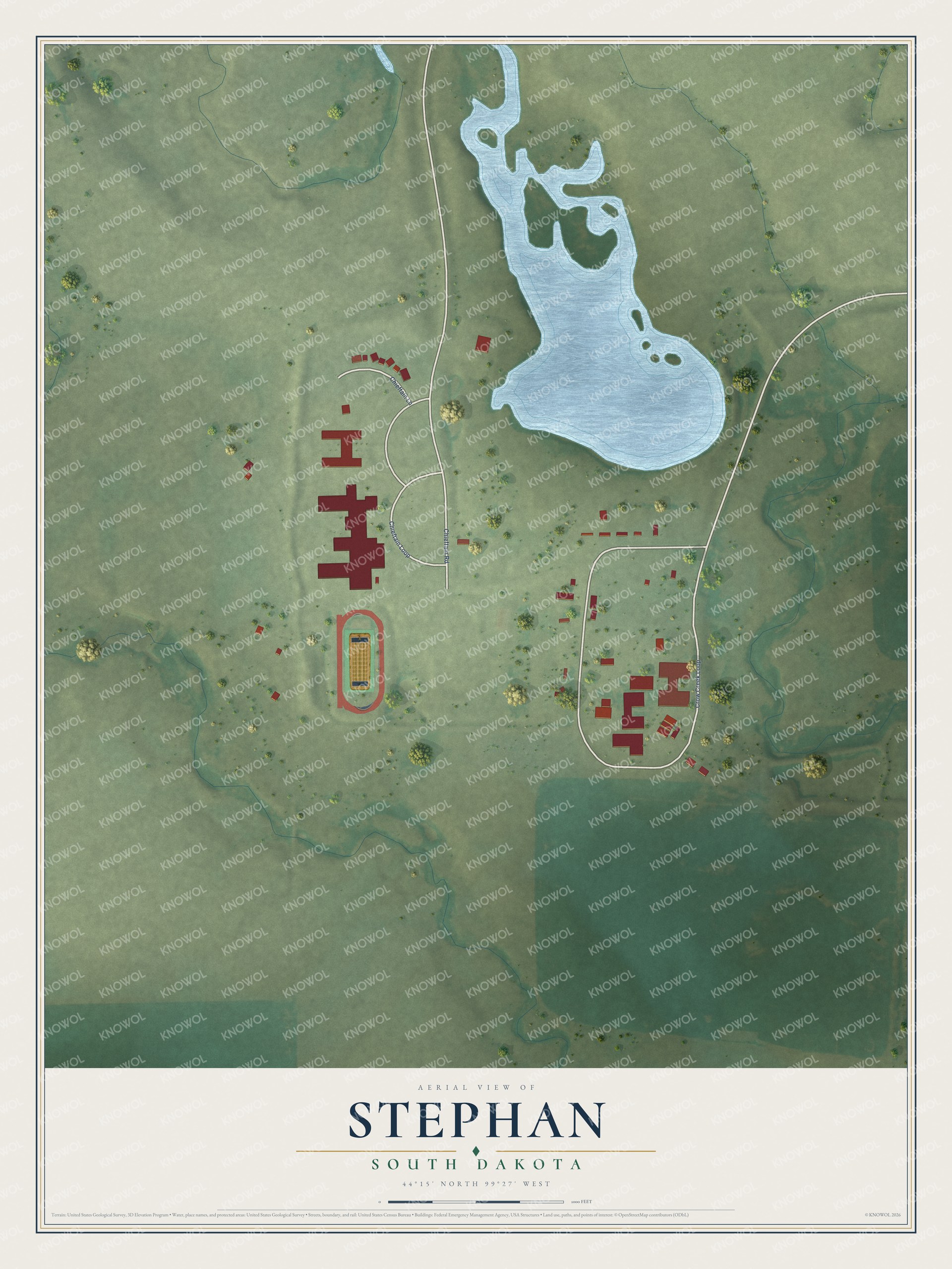 Full map of Stephan, South Dakota, with red buildings, printed street names and the land around them