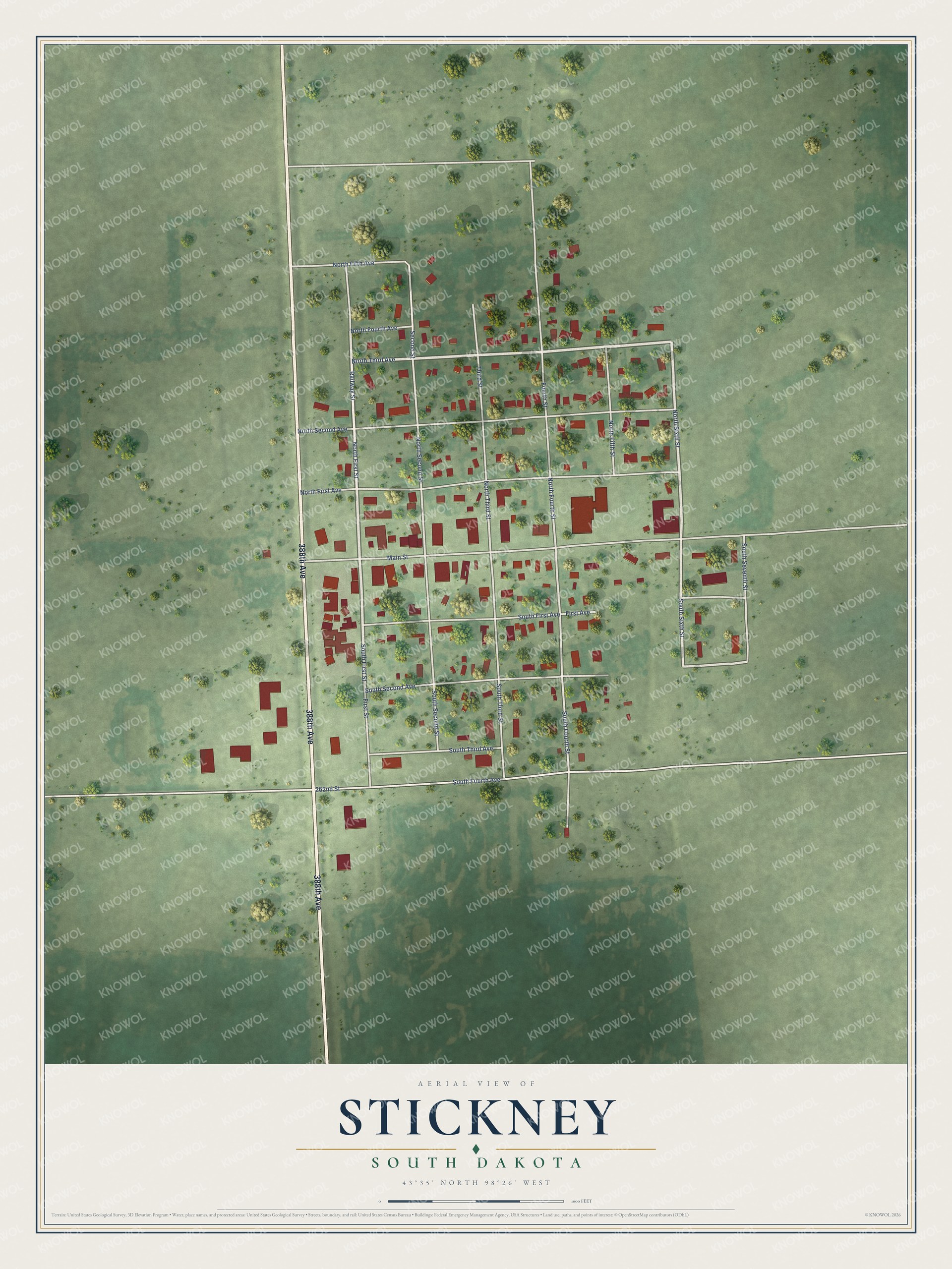 Full map of Stickney, South Dakota, with red buildings, printed street names and the land around them