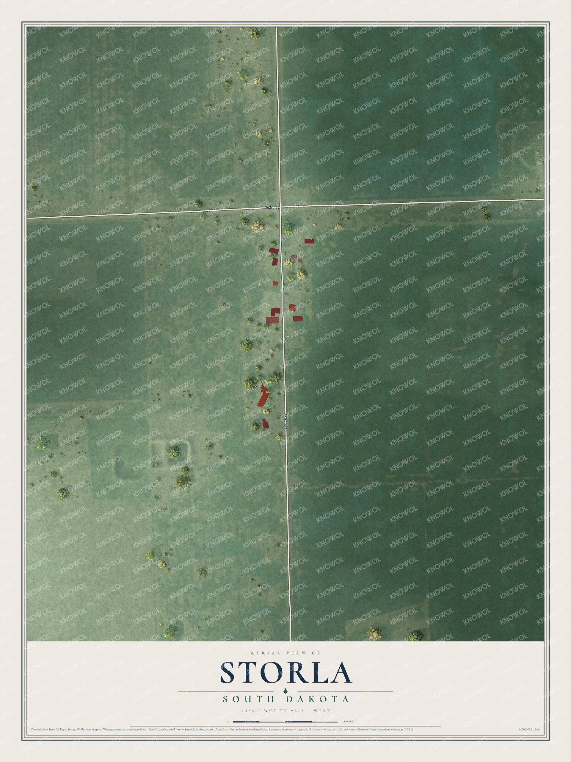 Full map of Storla, South Dakota, with red buildings, printed street names and the land around them