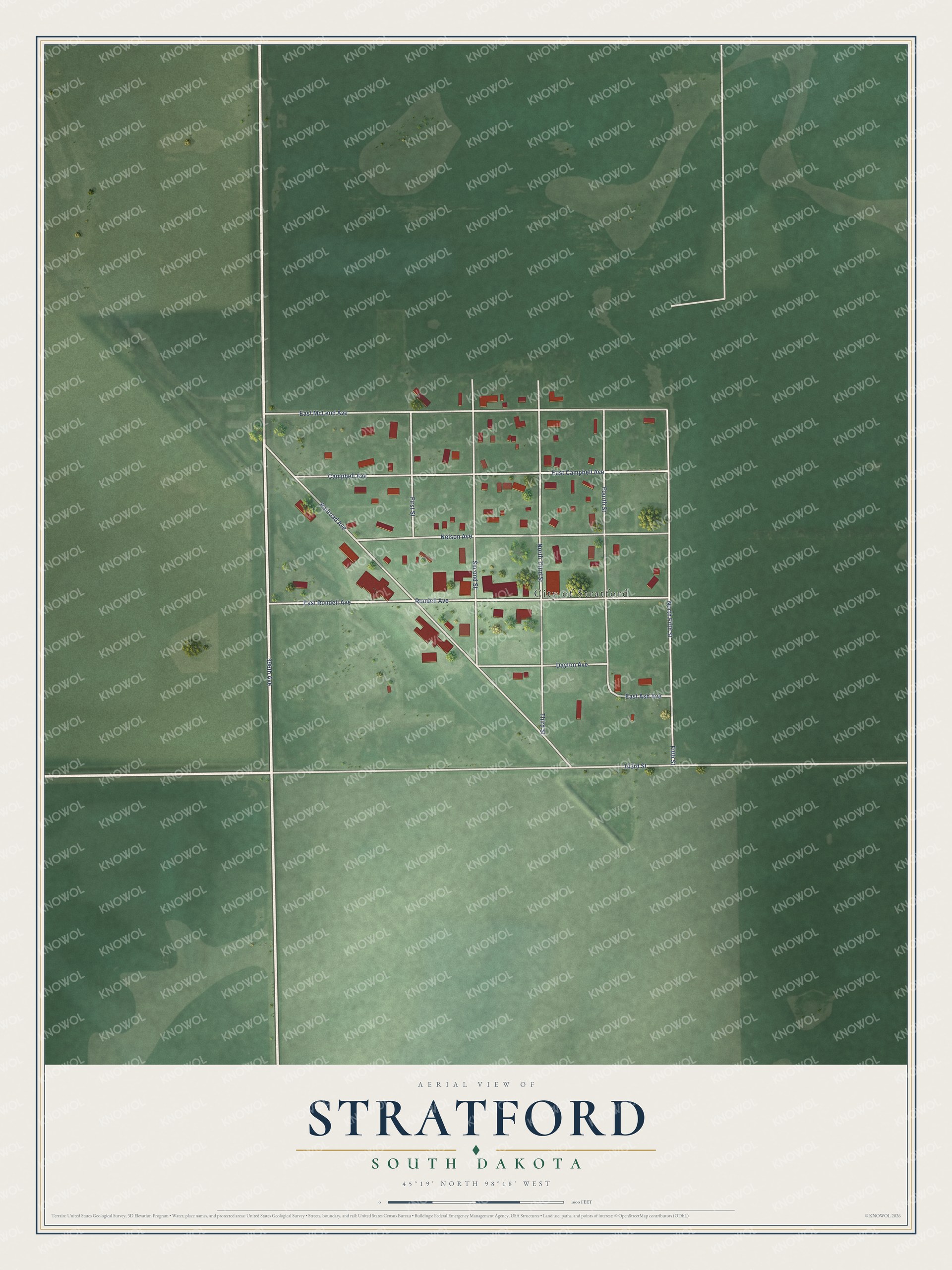 Full map of Stratford, South Dakota, with red buildings, printed street names and the land around them