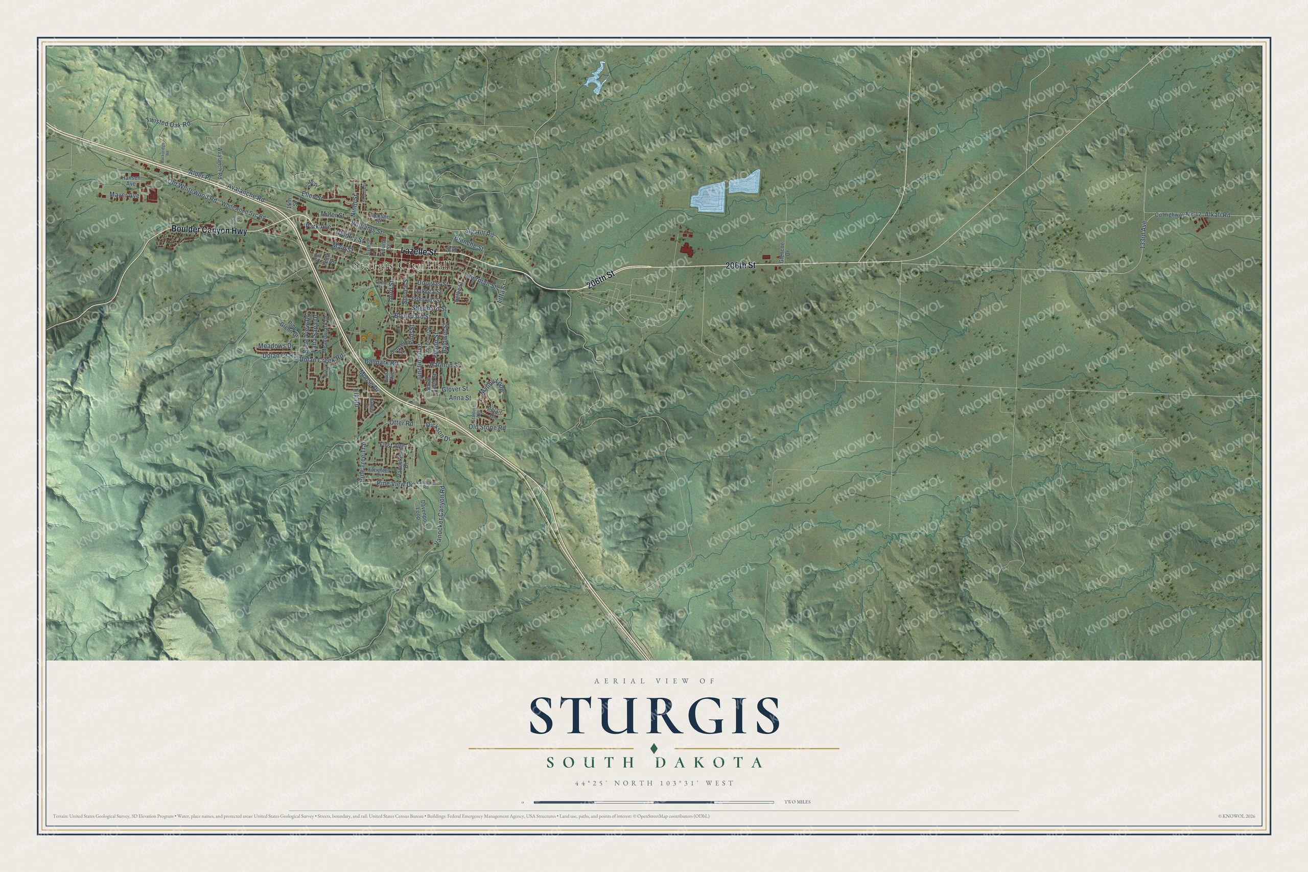 Full map of Sturgis, South Dakota, with red buildings, printed street names and the land around them