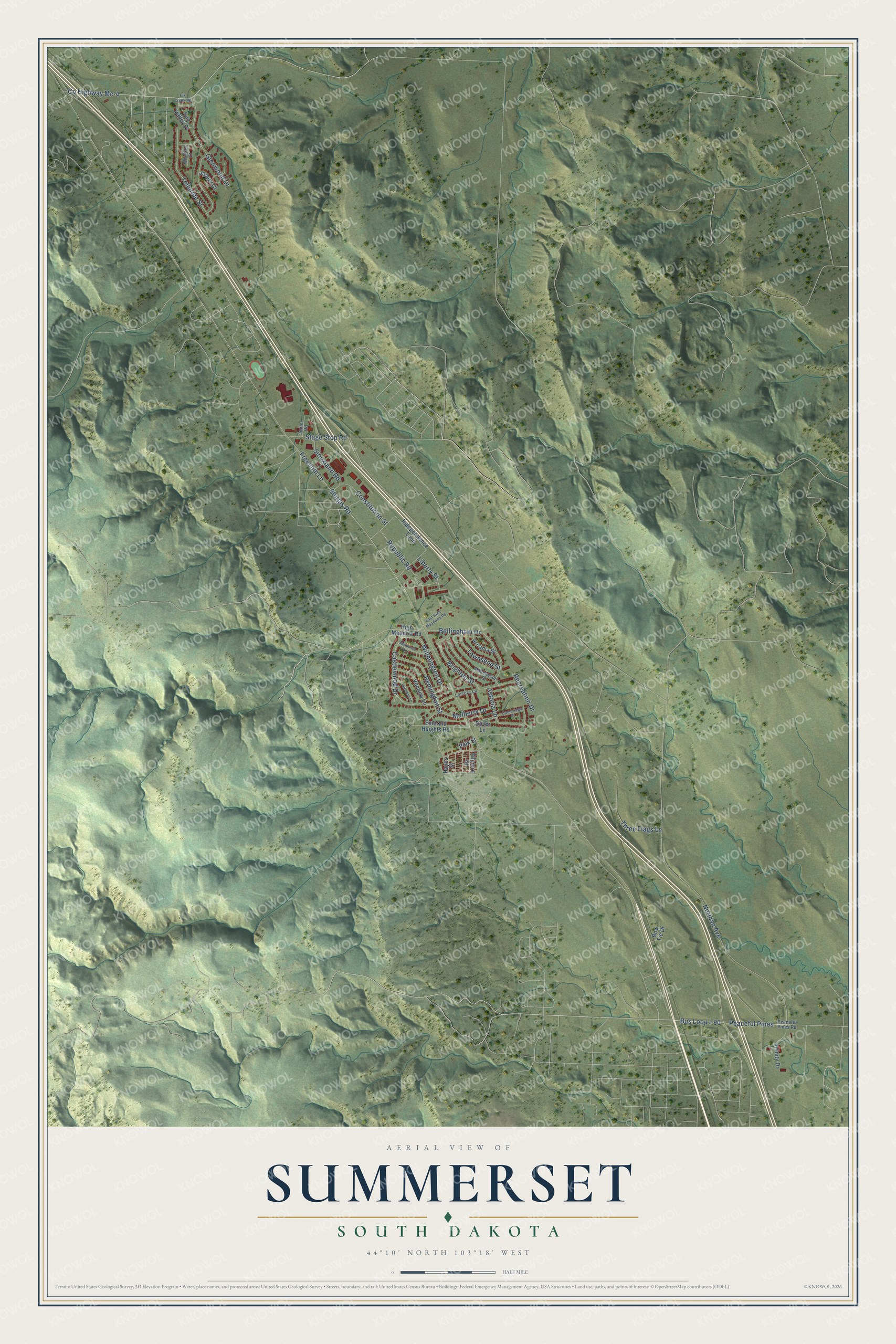 Full map of Summerset, South Dakota, with red buildings, printed street names and the land around them