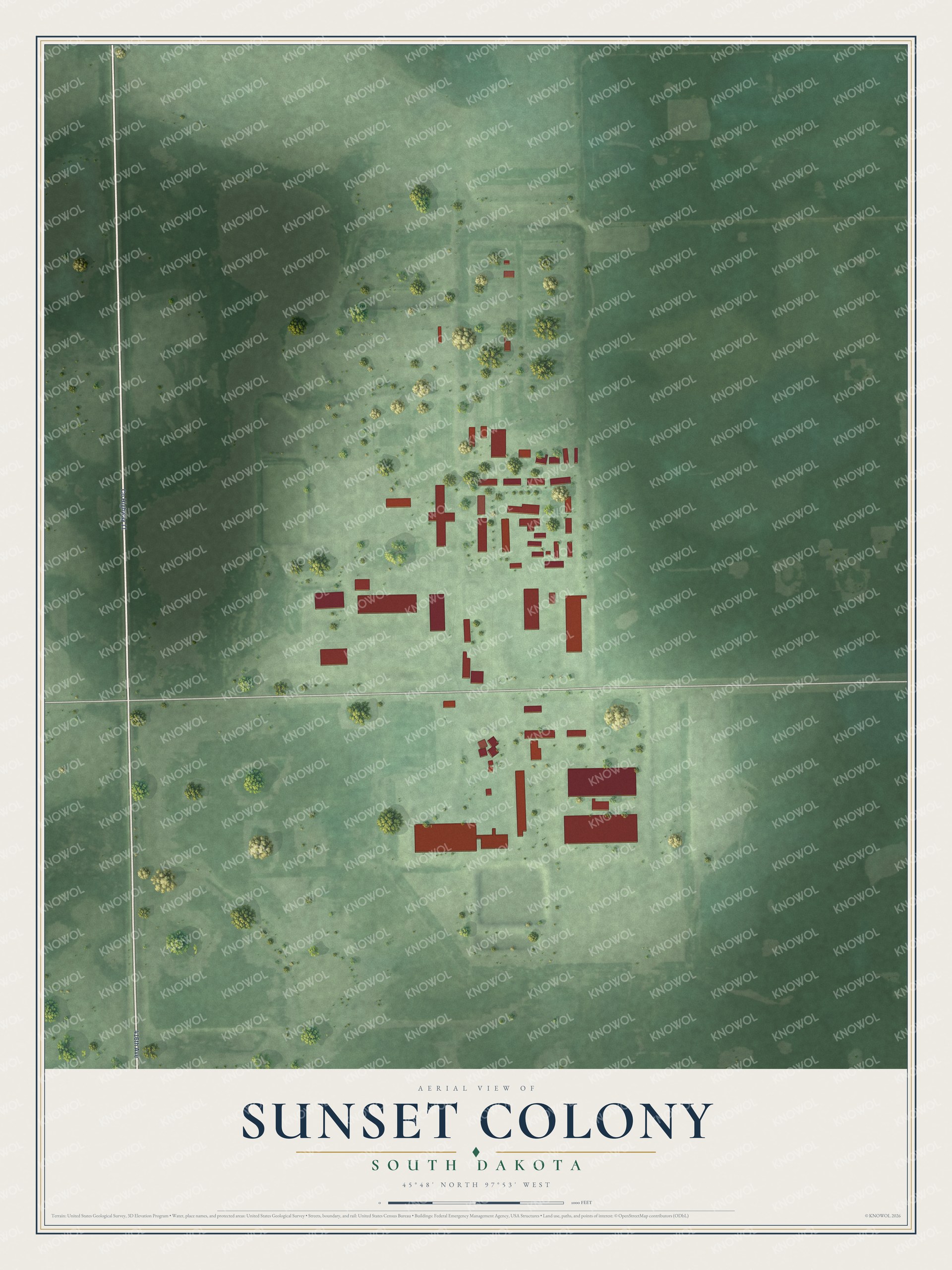 Full map of Sunset Colony, South Dakota, with red buildings, printed street names and the land around them