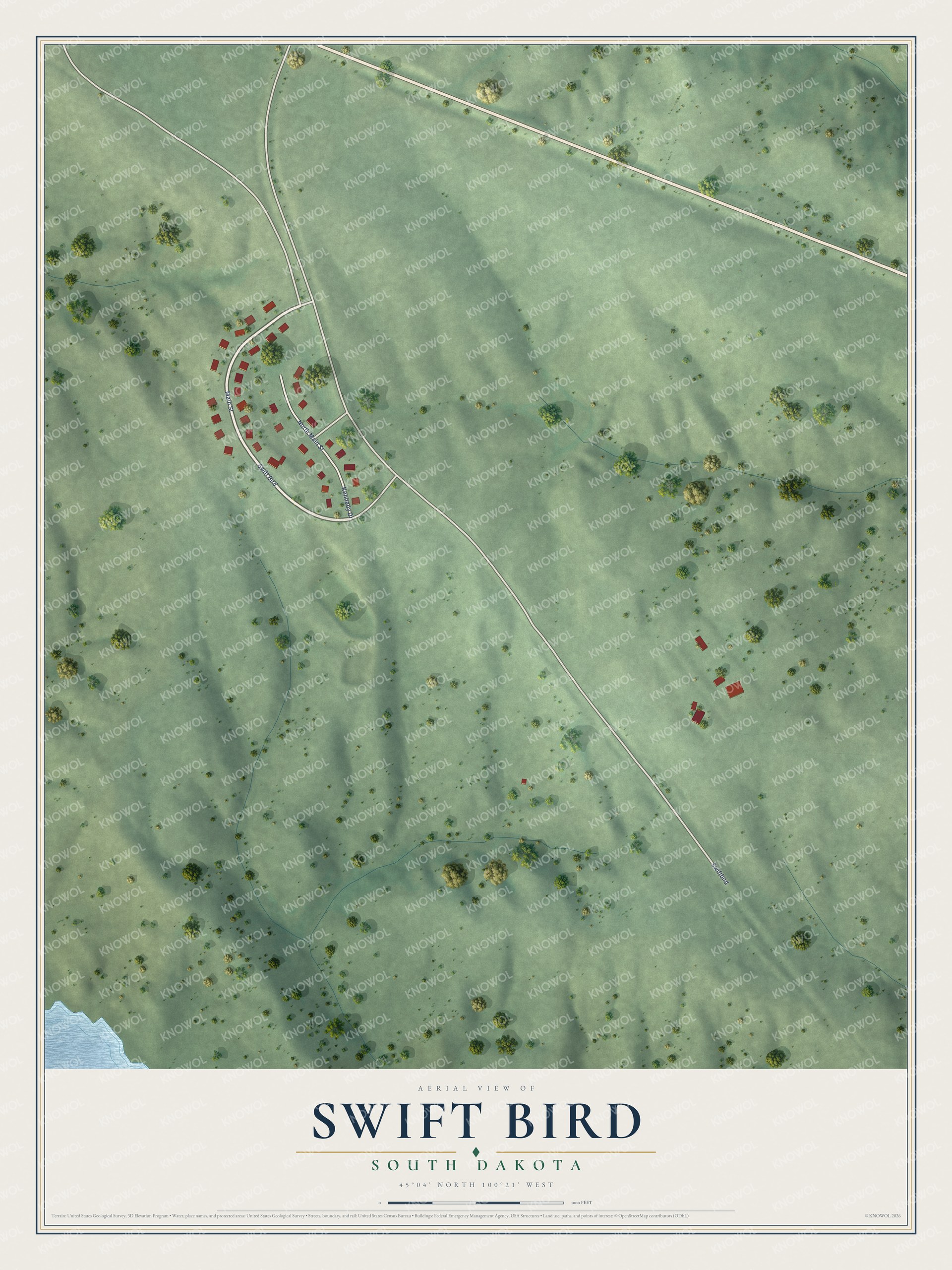 Full map of Swift Bird, South Dakota, with red buildings, printed street names and the land around them