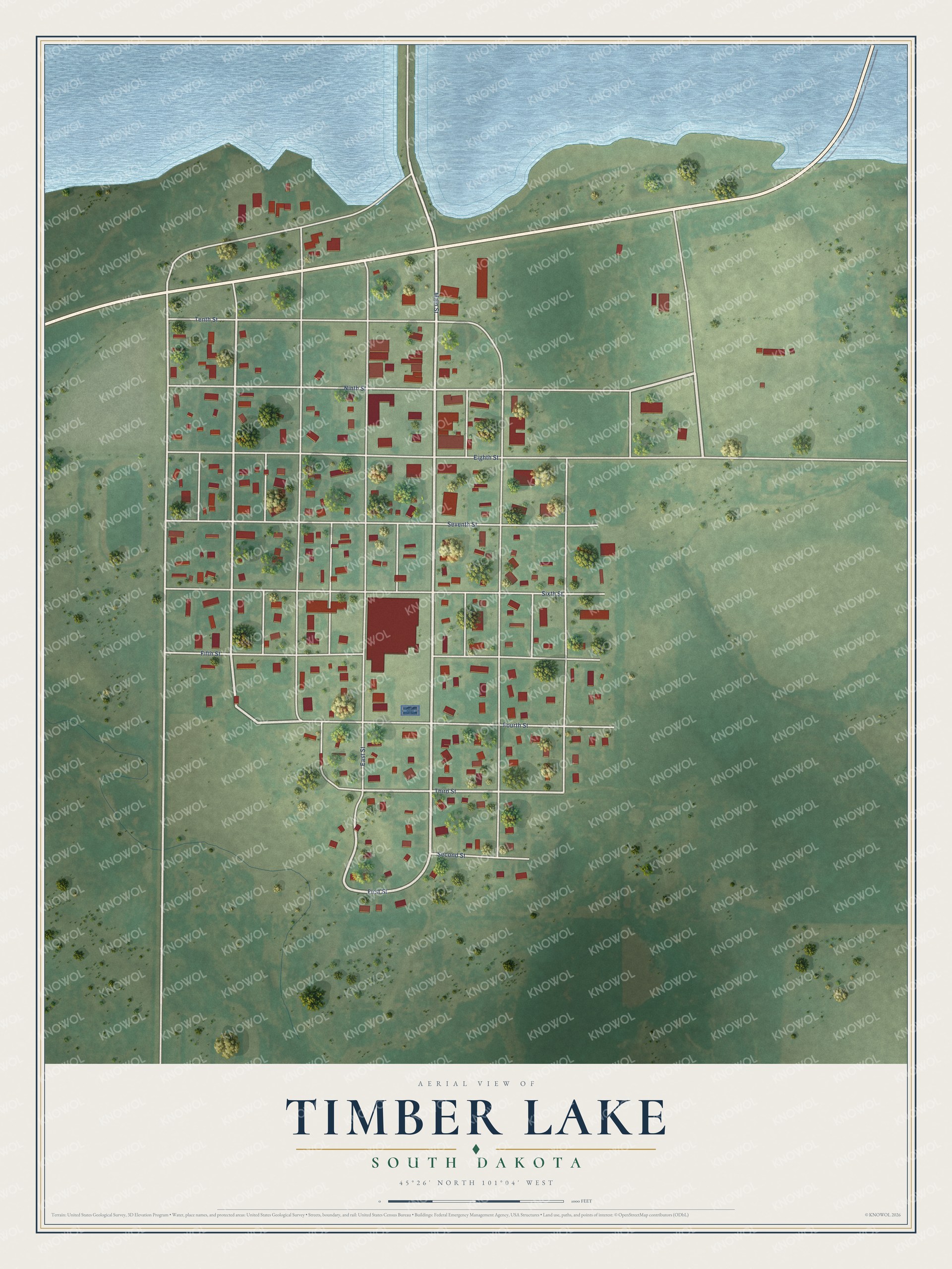 Full map of Timber Lake, South Dakota, with red buildings, printed street names and the land around them
