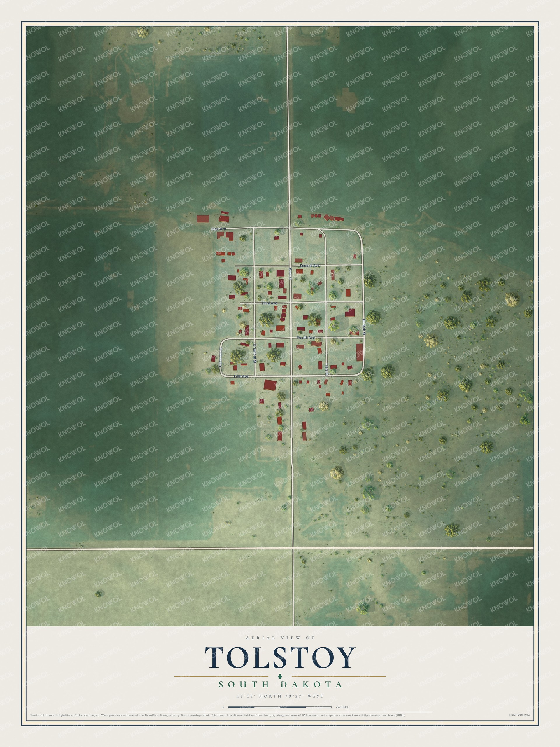 Full map of Tolstoy, South Dakota, with red buildings, printed street names and the land around them