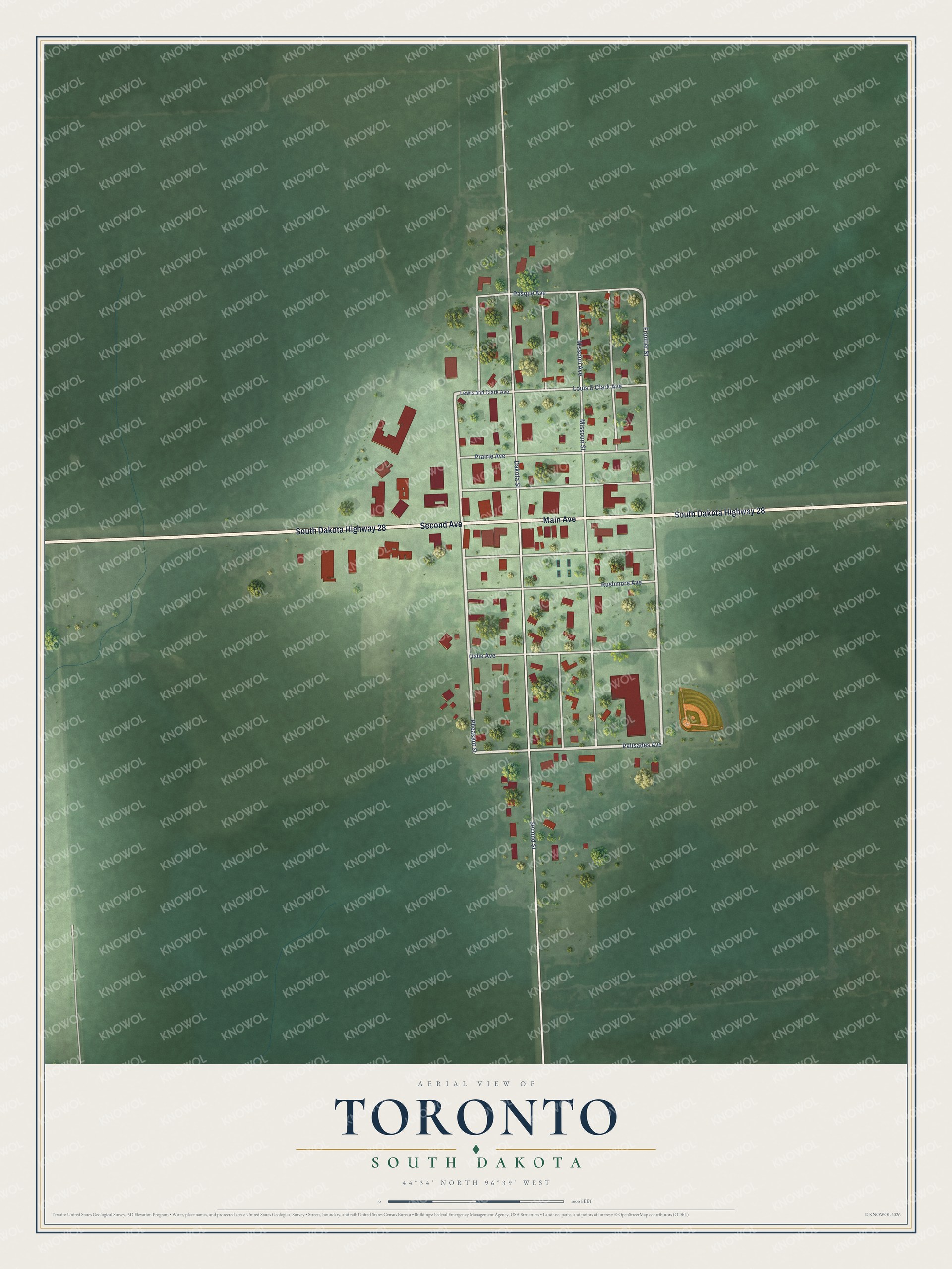 Full map of Toronto, South Dakota, with red buildings, printed street names and the land around them