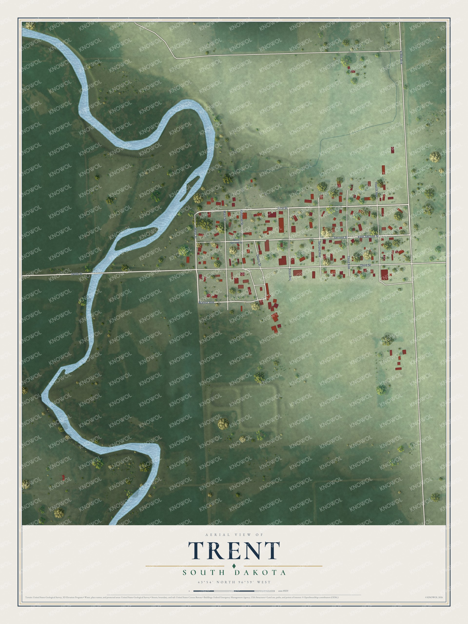 Full map of Trent, South Dakota, with red buildings, printed street names and the land around them
