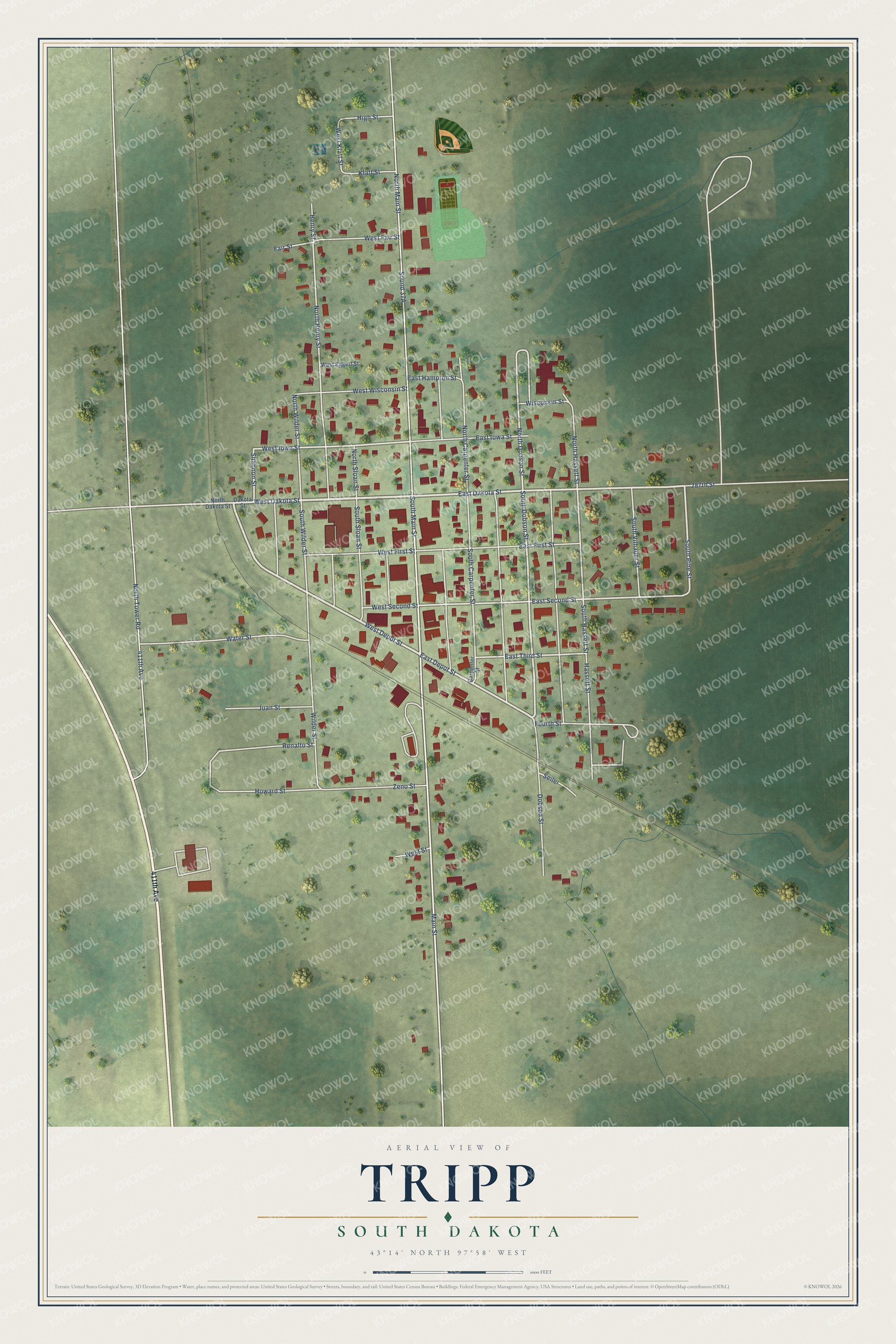 Full map of Tripp, South Dakota, with red buildings, printed street names and the land around them