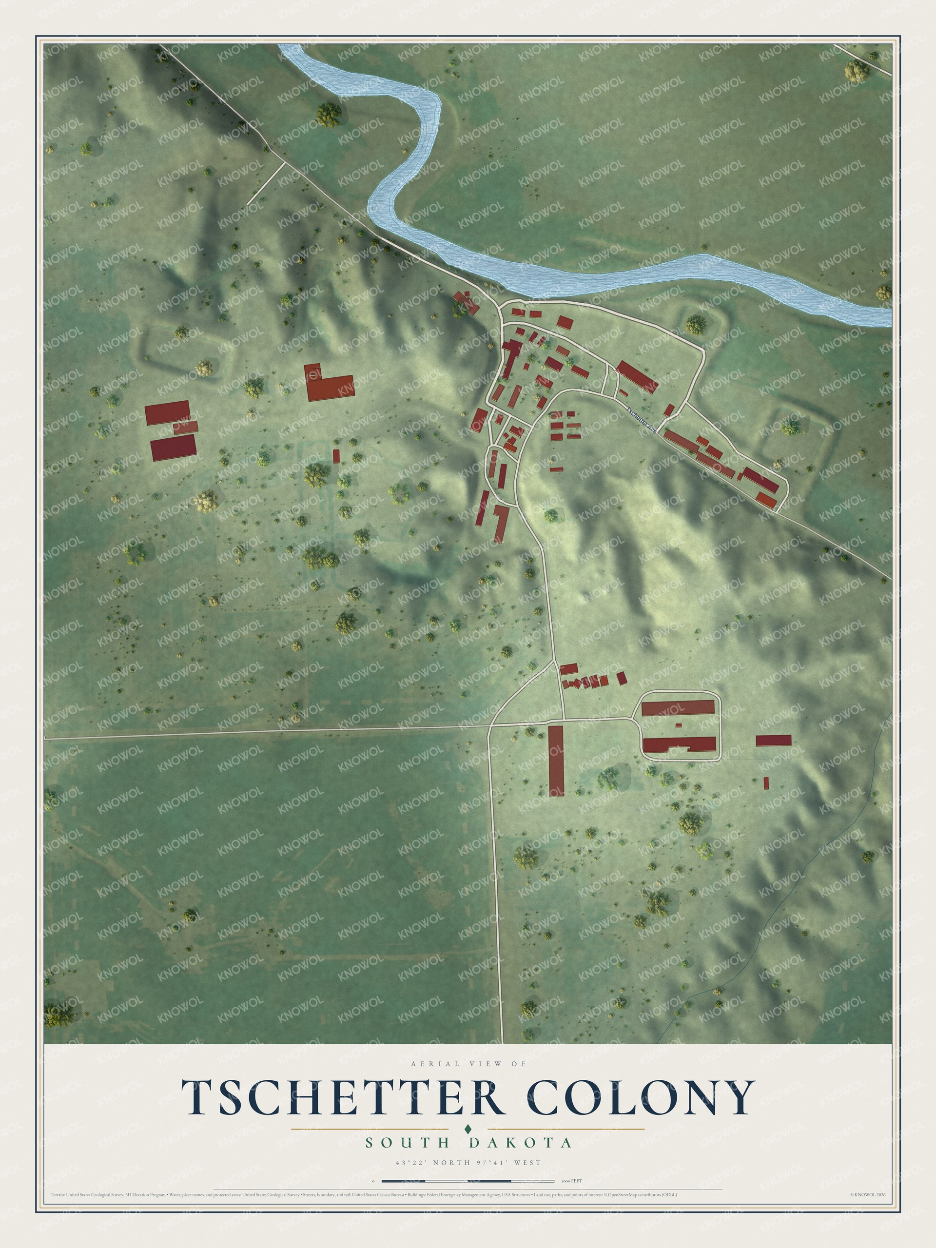 Full map of Tschetter Colony, South Dakota, with red buildings, printed street names and the land around them