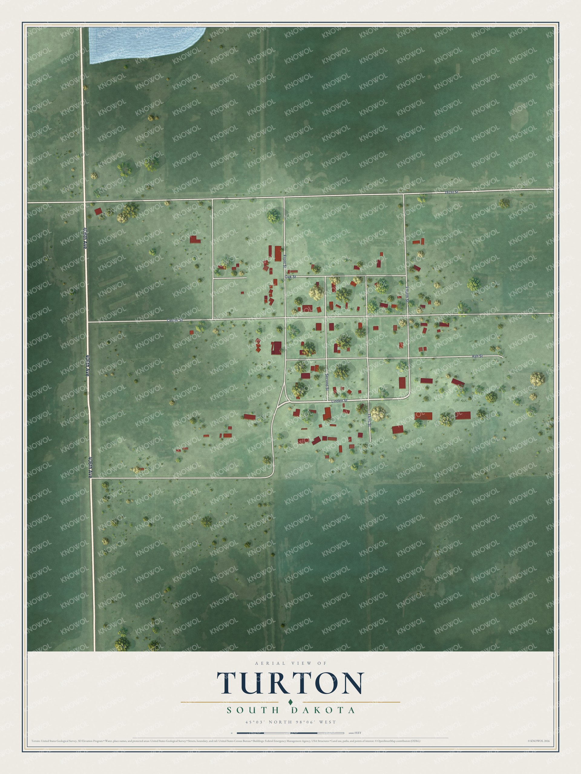 Full map of Turton, South Dakota, with red buildings, printed street names and the land around them