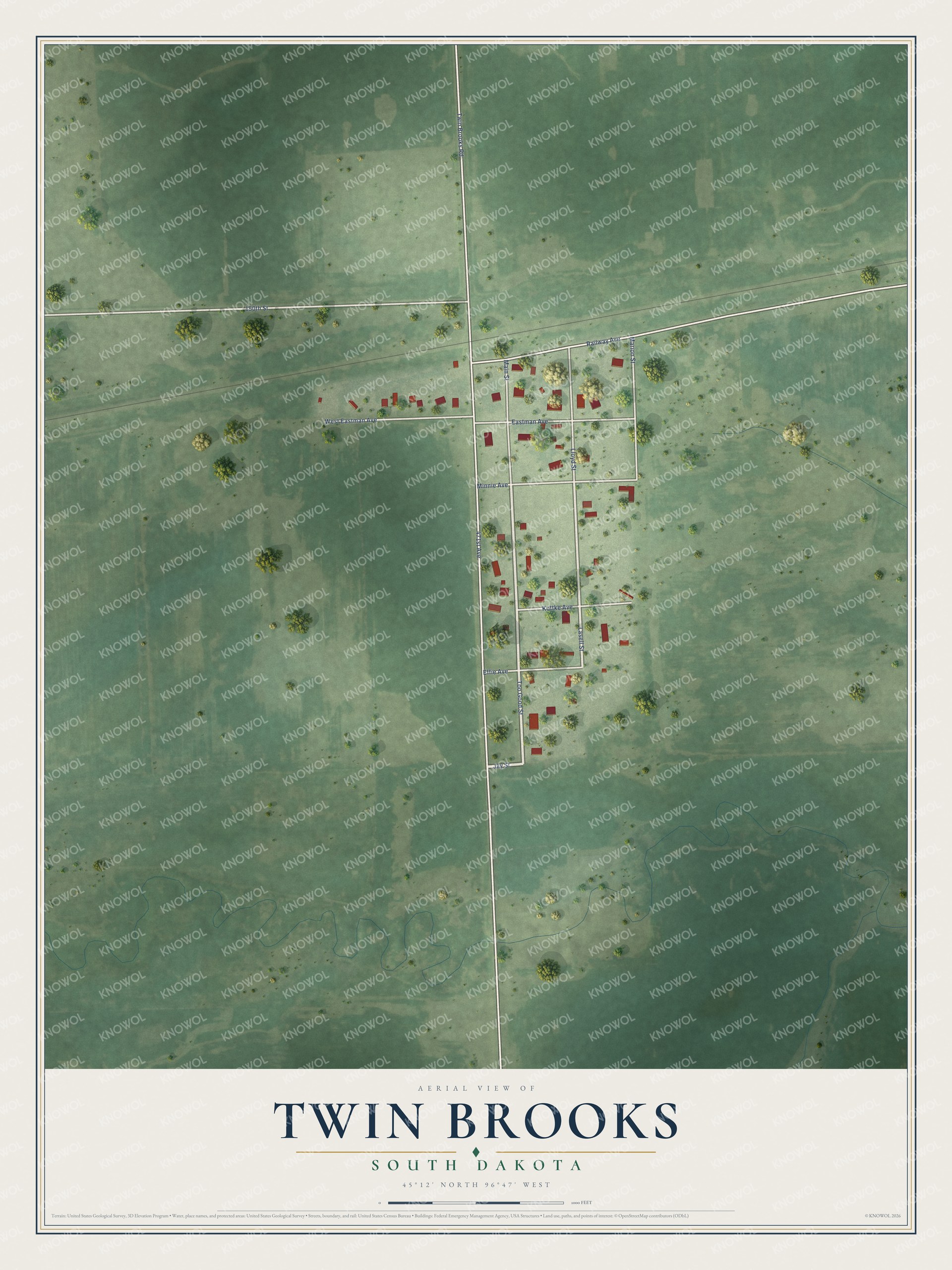 Full map of Twin Brooks, South Dakota, with red buildings, printed street names and the land around them