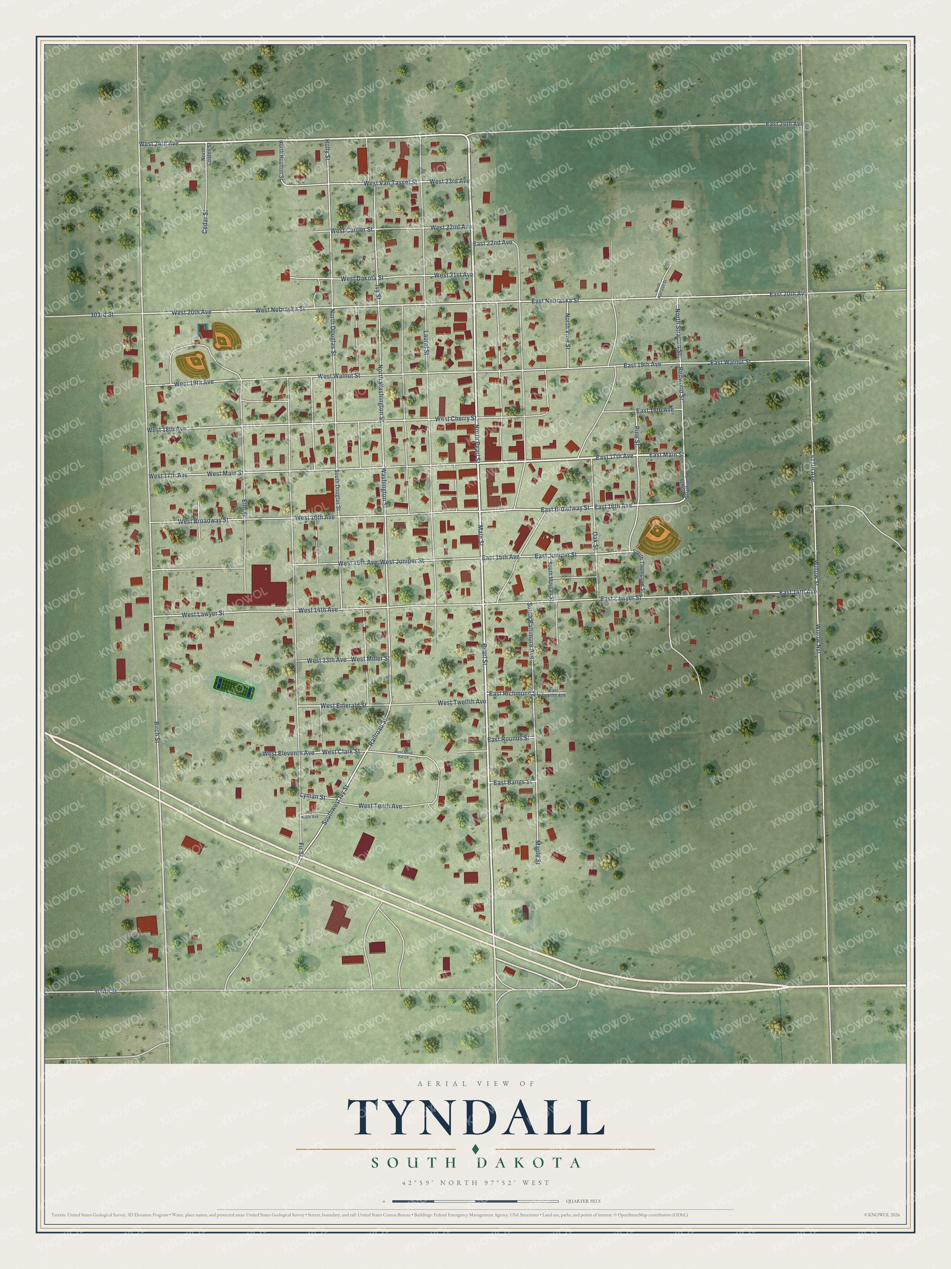 Full map of Tyndall, South Dakota, with red buildings, printed street names and the land around them