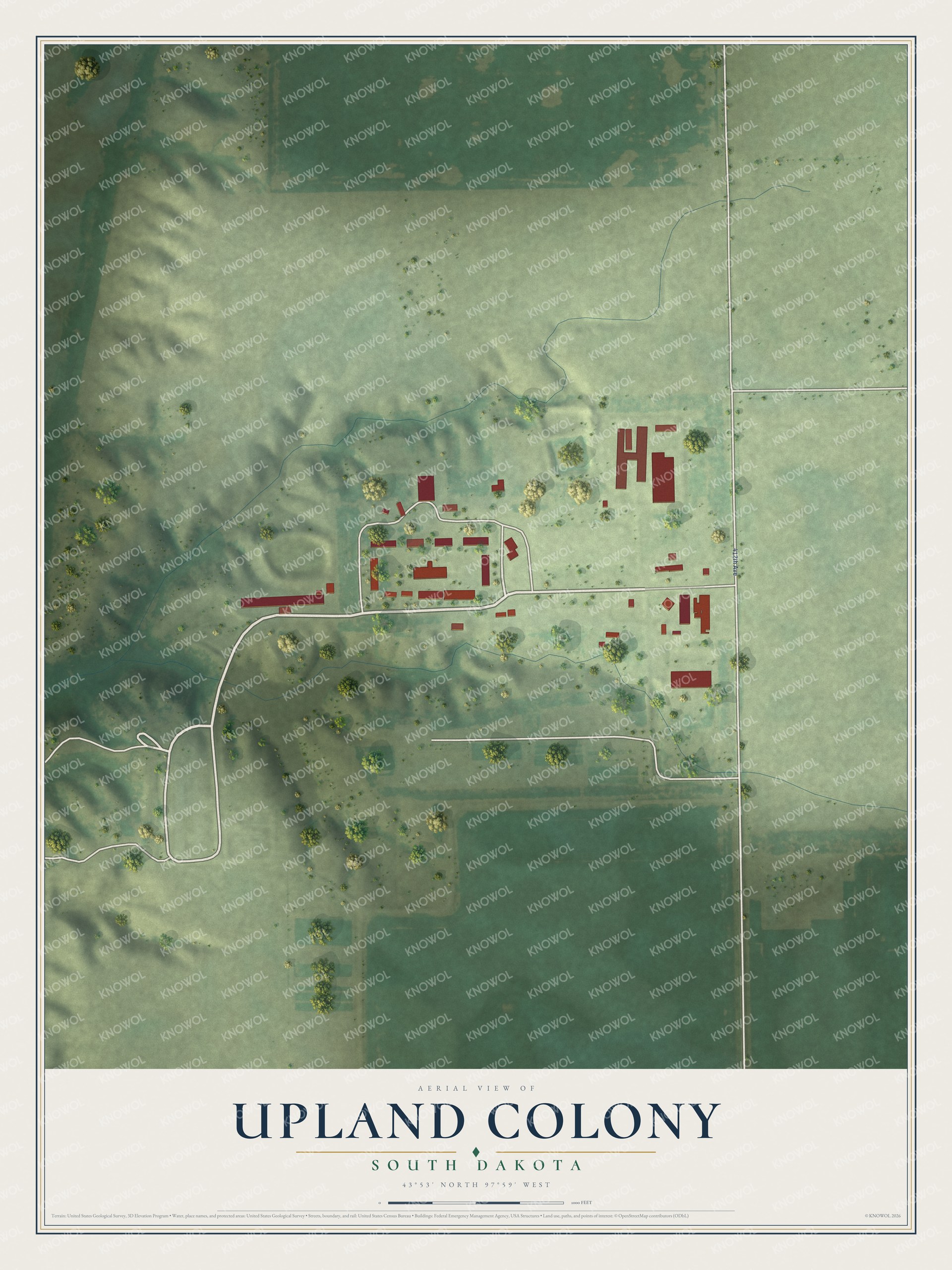 Full map of Upland Colony, South Dakota, with red buildings, printed street names and the land around them