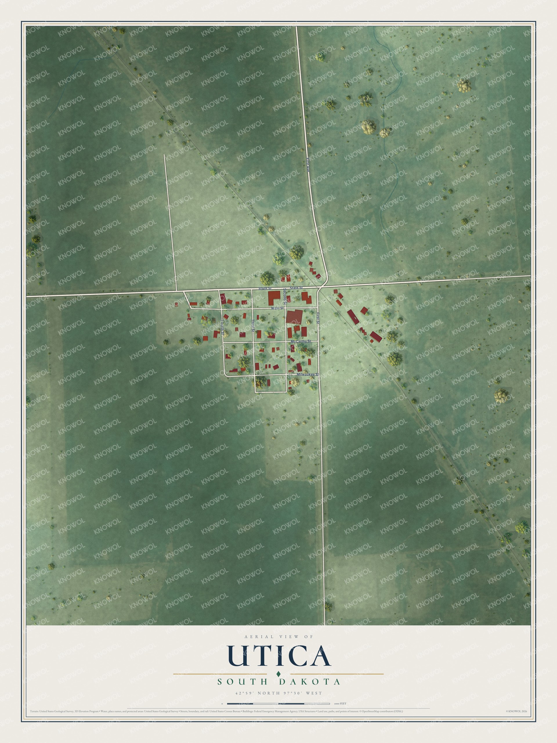 Full map of Utica, South Dakota, with red buildings, printed street names and the land around them
