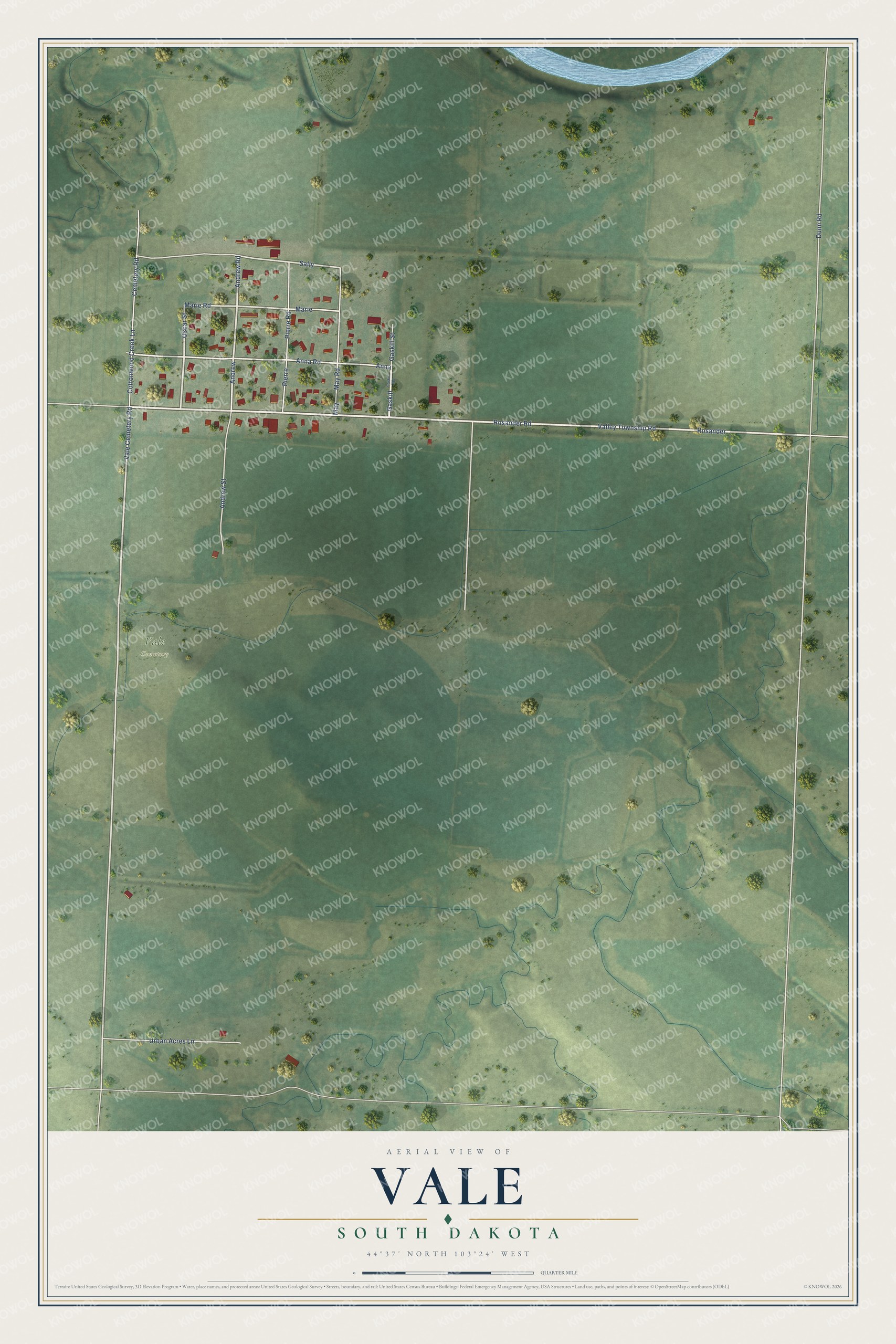 Full map of Vale, South Dakota, with red buildings, printed street names and the land around them