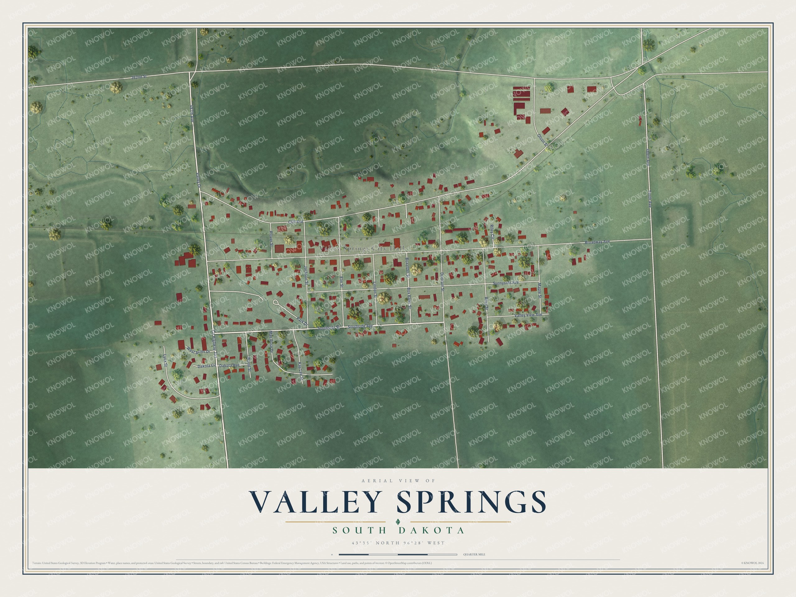 Full map of Valley Springs, South Dakota, with red buildings, printed street names and the land around them