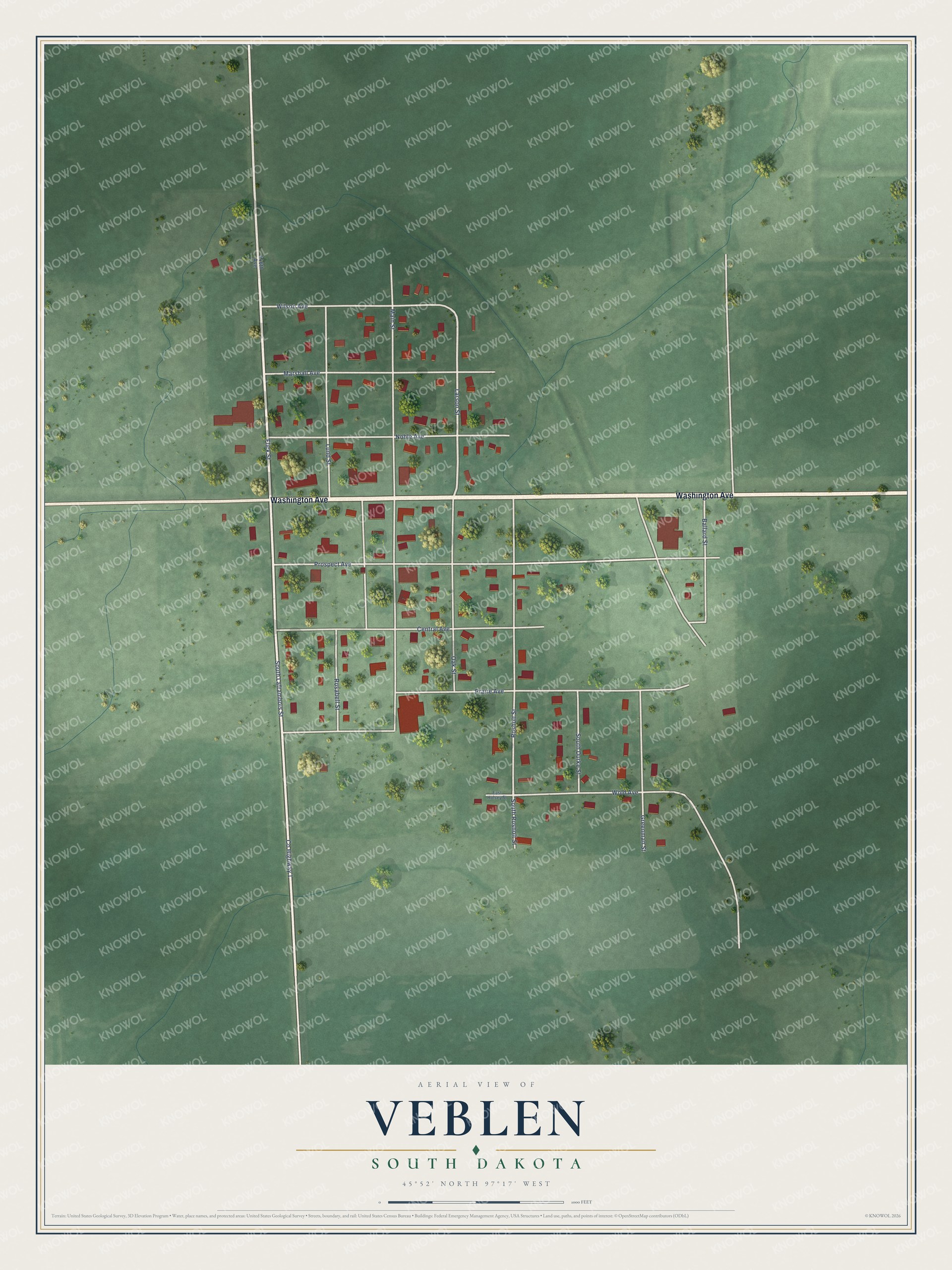 Full map of Veblen, South Dakota, with red buildings, printed street names and the land around them