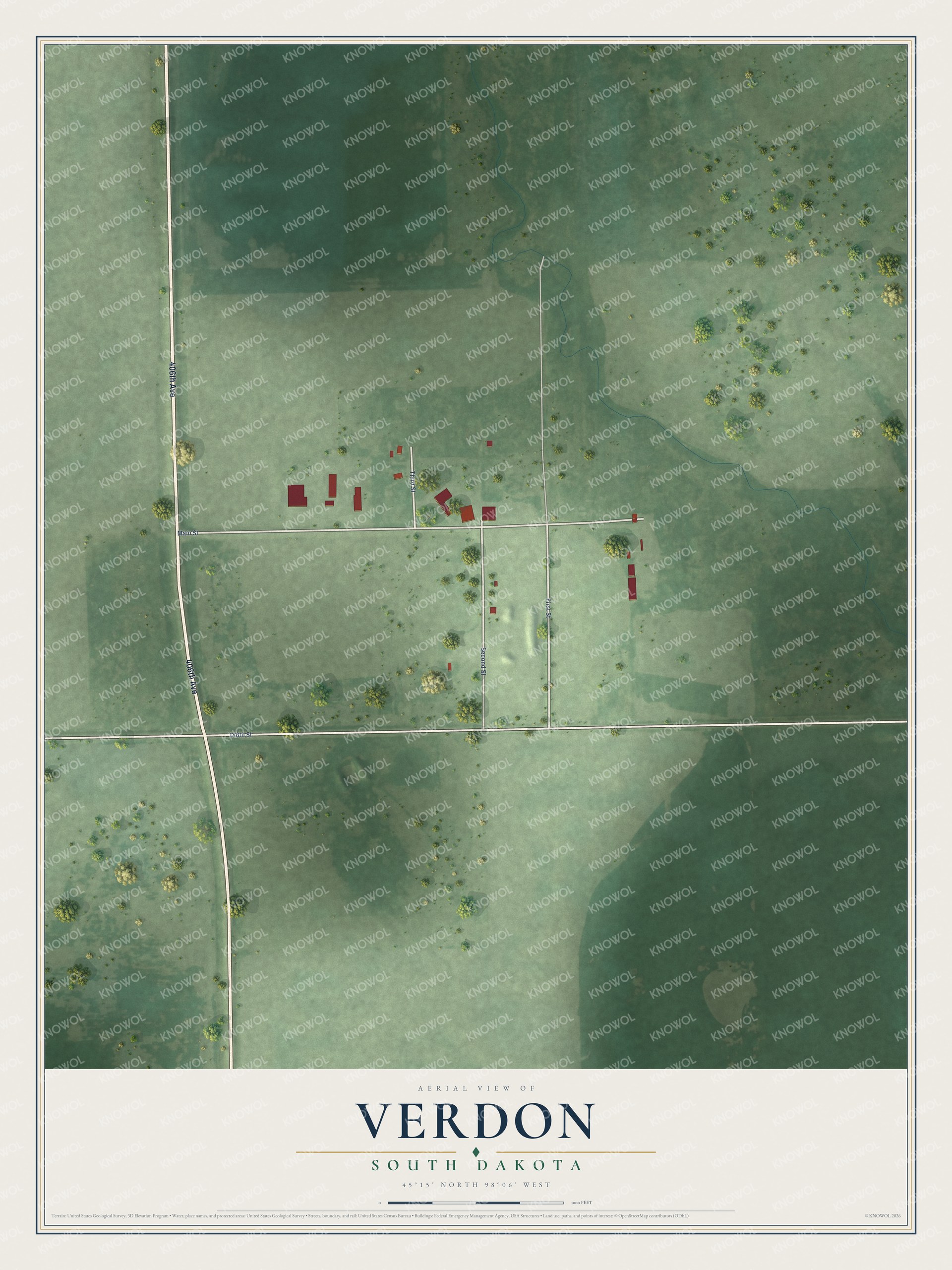 Full map of Verdon, South Dakota, with red buildings, printed street names and the land around them