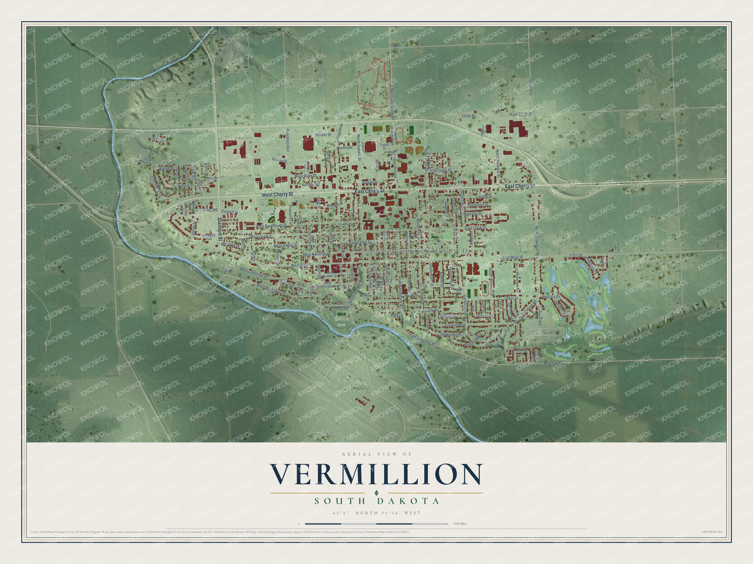 Full map of Vermillion, South Dakota, with red buildings, printed street names and the land around them